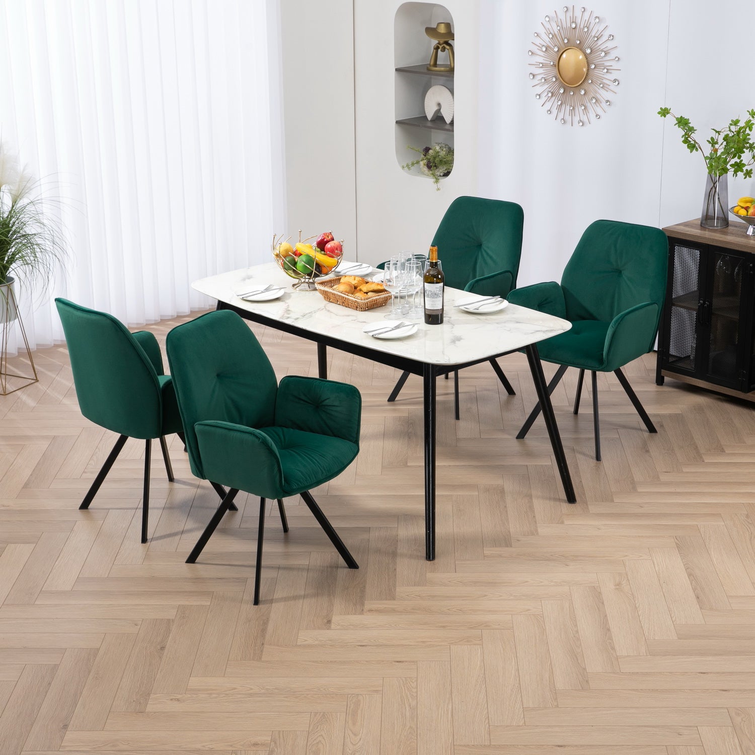 Set mit 6 bequemen grünen Stoff-Esszimmerstühlen mit Armlehnen – KALBGRÜN, 6 STÜCK