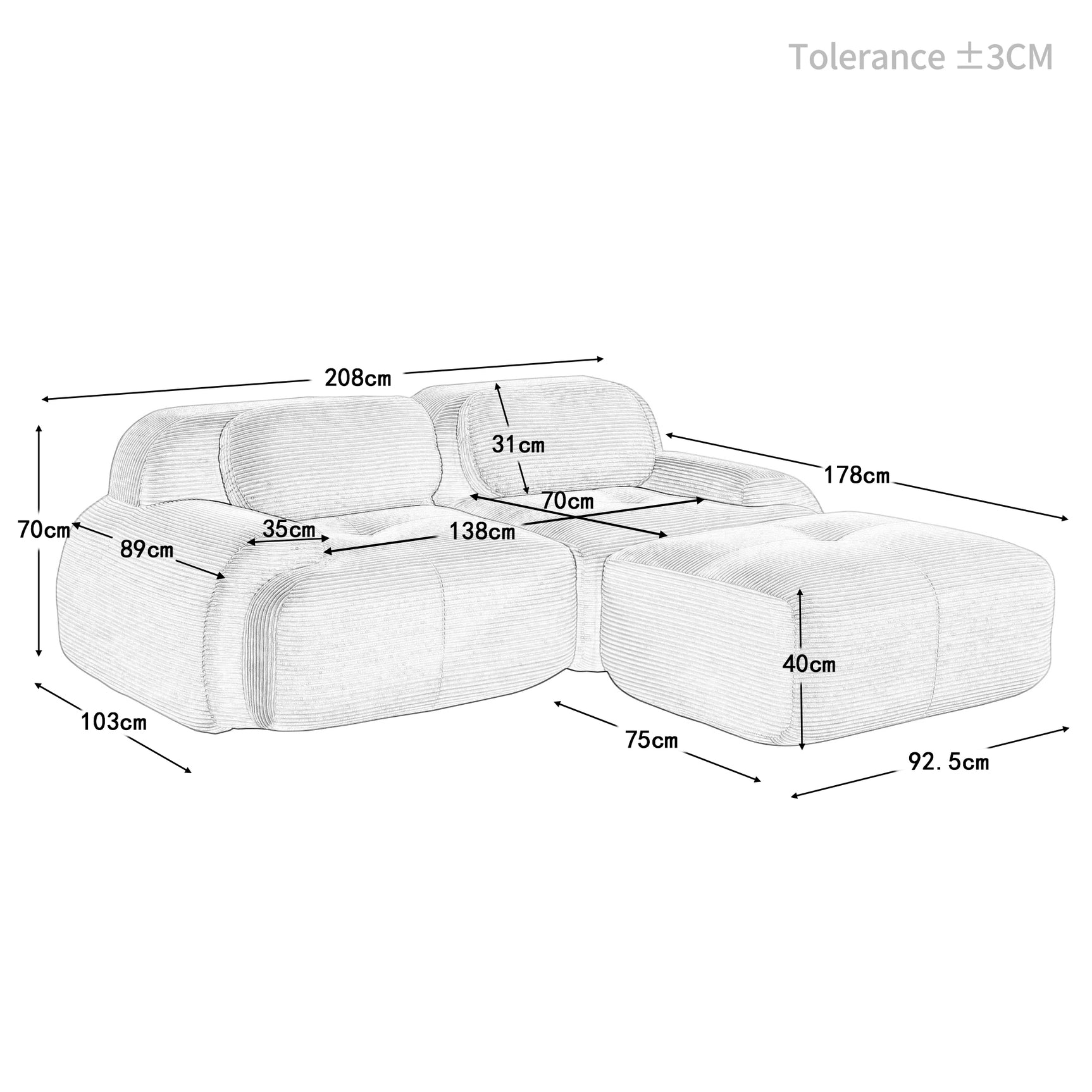 Ensemble de canapés avec accoudoirs incurvés et base antidérapante en tissu velours côtelé doux pour le salon, gris, siège 2 + tabouret 1