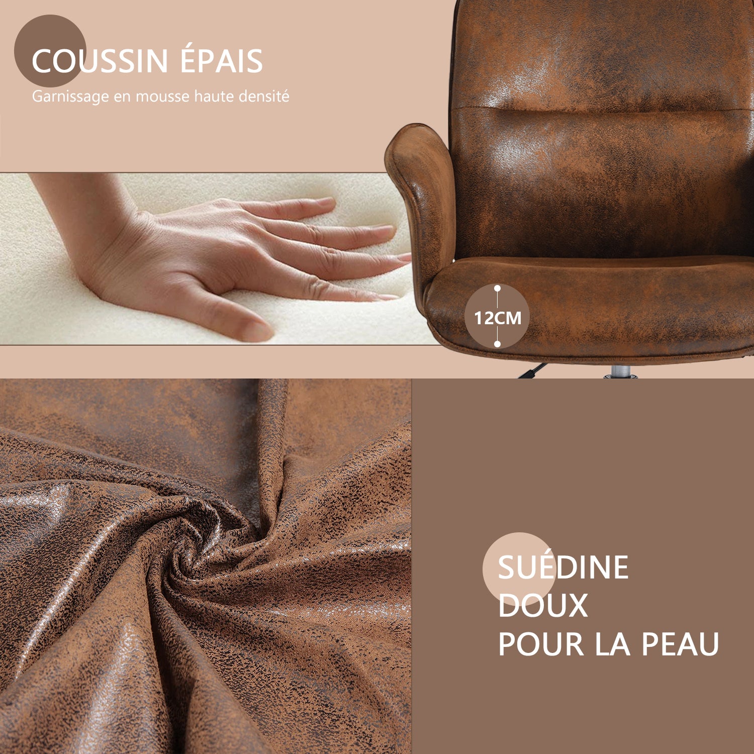 Ergonomic adjustable swivel office chair with suede armrests - THOMASINA