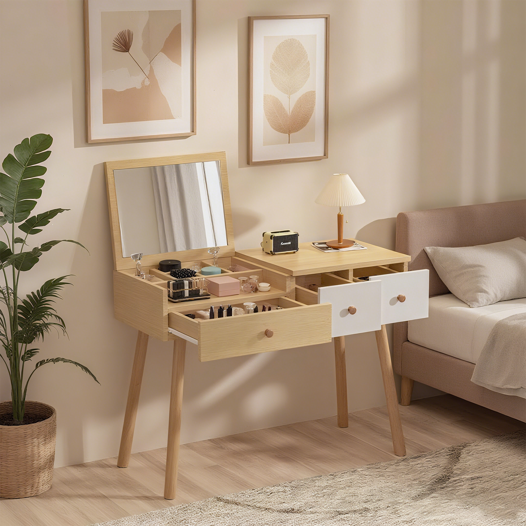 Coiffeuse en bois avec miroir rabattable, 3 tiroirs de rangement et design naturel blanc – 100x40x78 cm