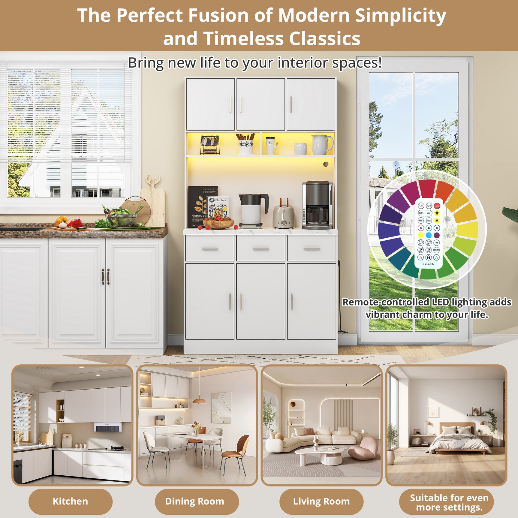 100x40x180 cm Multifunktions -Küchenbuffet in weißem MDF mit Fernbedienungs -LEDs, elektrischen Steckdosen, USB -Anschlüssen, Schubladen und einstellbaren Regalen