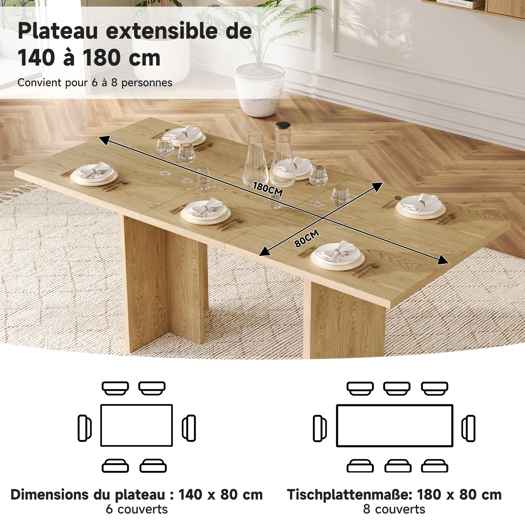 Rectangular dining table in particle panels finish oak with four robust feet