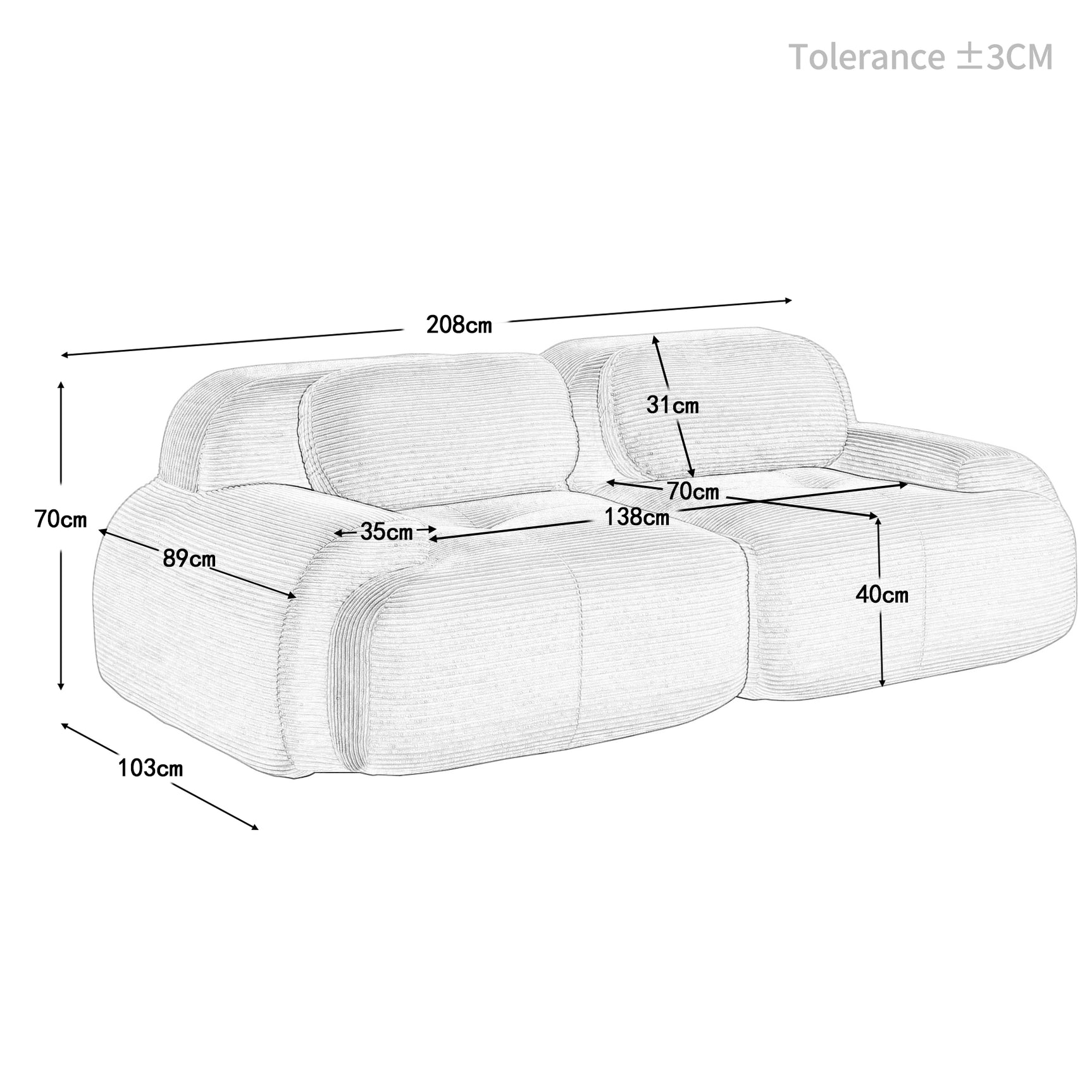 Ensemble de canapés avec accoudoirs incurvés et base antidérapante en tissu velours côtelé doux pour le salon, noir, siège 2