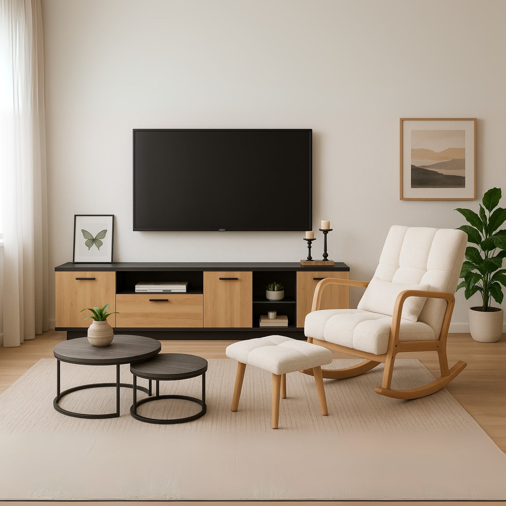 TV-Möbel mit Schublade, 3 Türen, 2 Glasnischen und LED-Beleuchtung, Schwarz und Naturholz