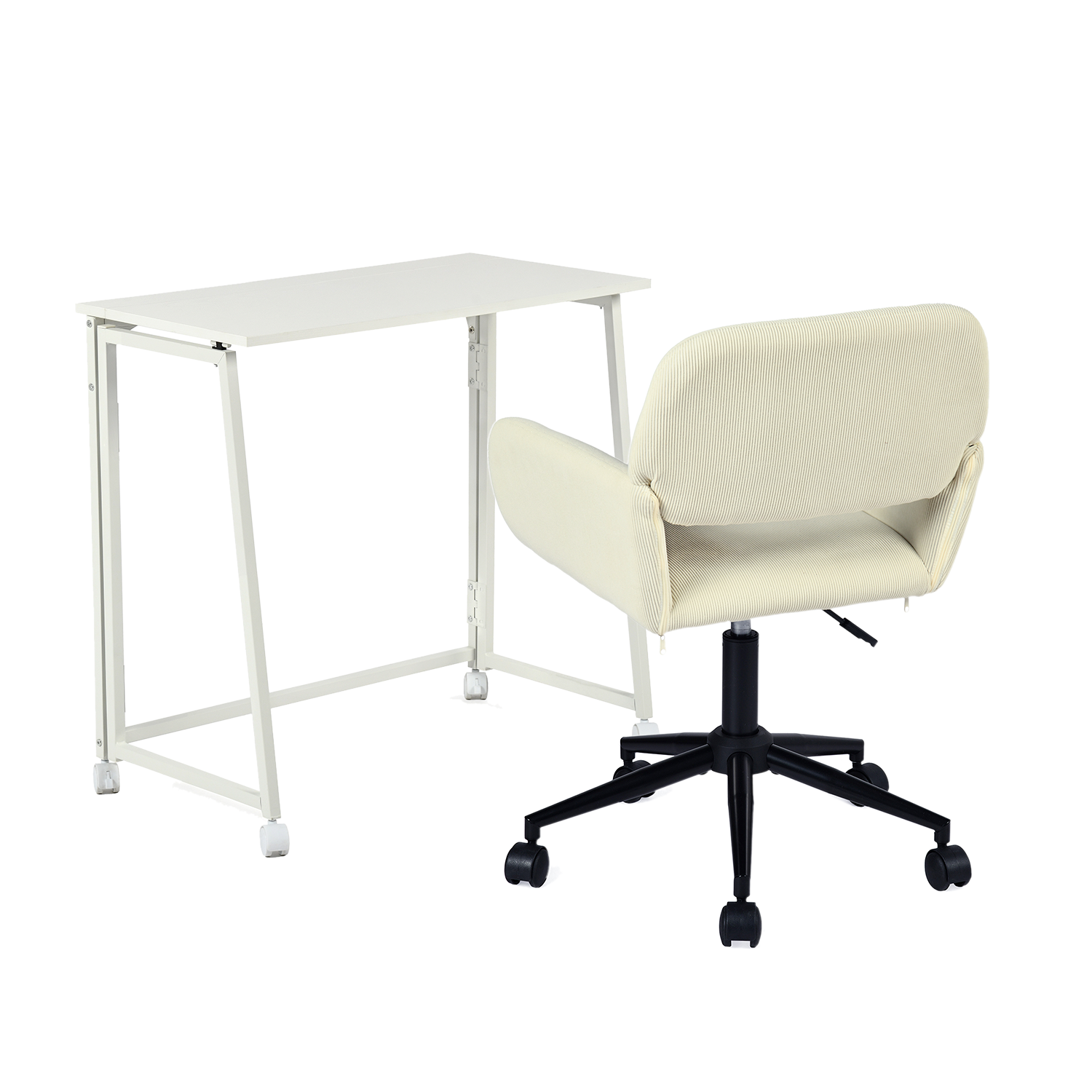 Set with White foldable desk with wheels and beige velvet chair - Ascoli & Ross