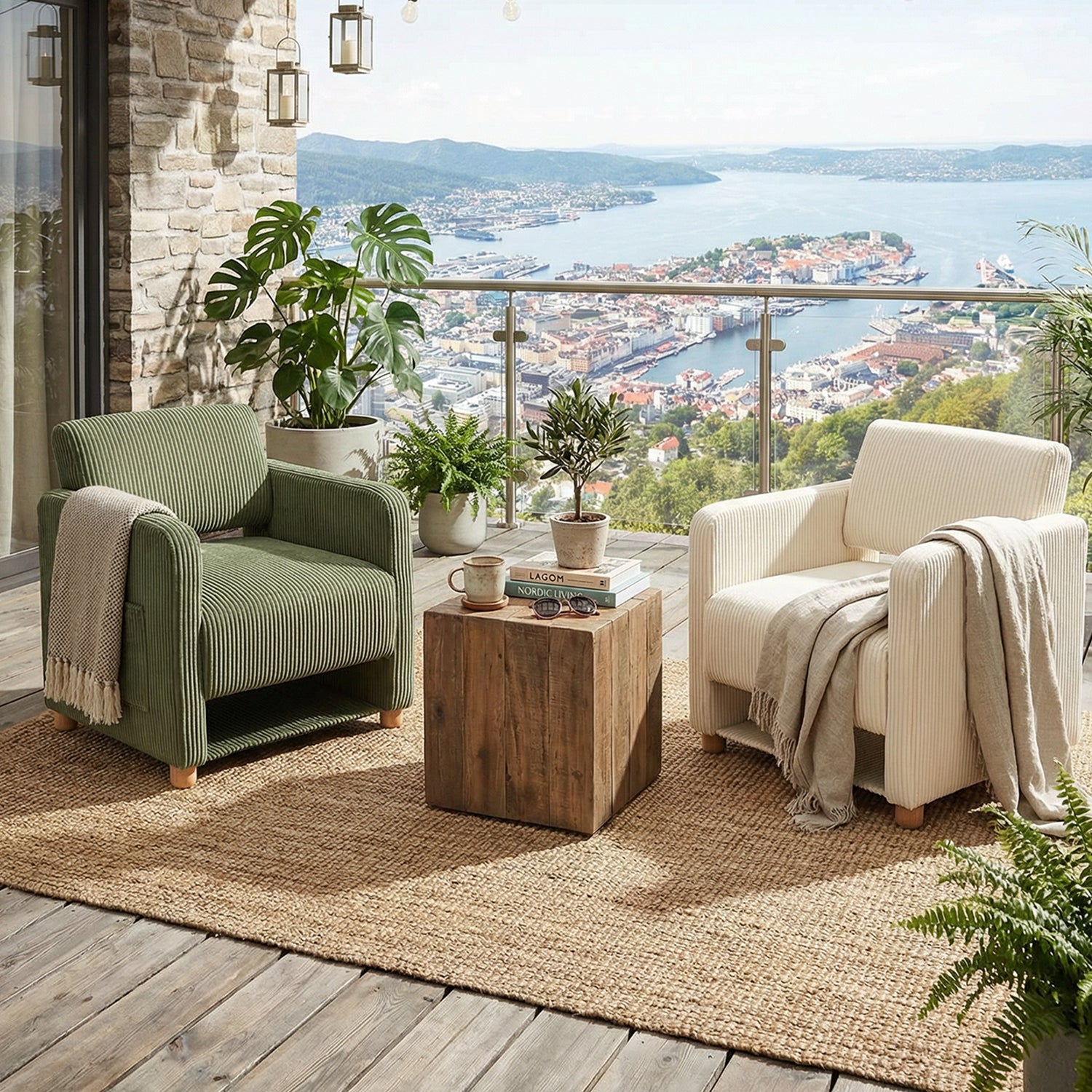 Lot de 2 fauteuil de détente 1 place canapé pour salon, fauteuil avec emballage en velours côtelé vert&beige - KARIA