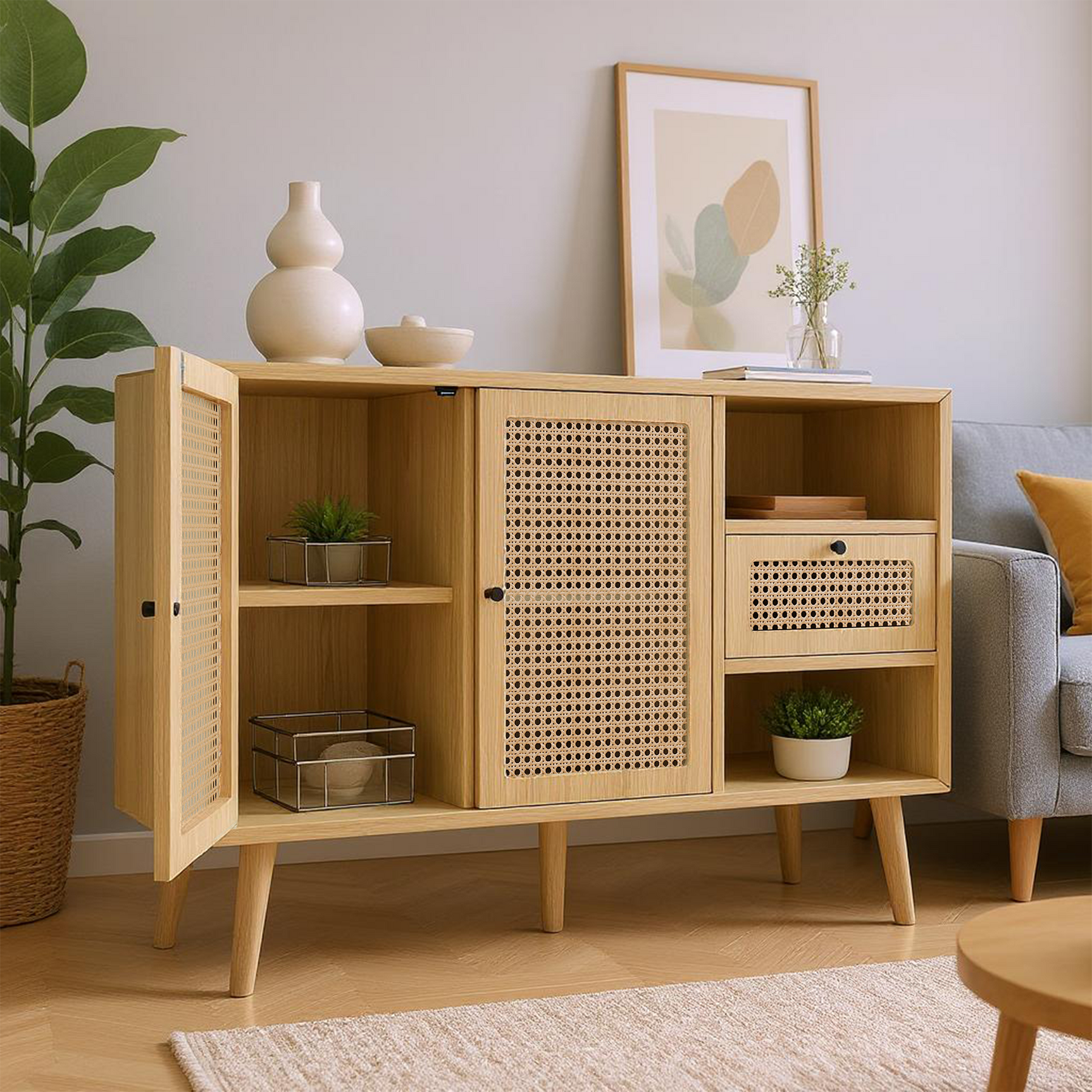 Holzbuffet Eiche Finish mit 1 Schublade und 2 Rattan -Magnettüren, verstellbaren Regalen und festen Holzfüßen für elegante und praktische Lagerung. - 120x40x80 cm