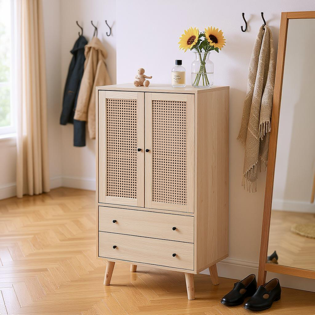 Holzbuffet moderner Stil mit Rattan -Türen und -schubladen - 60 x 40 x 120 cm