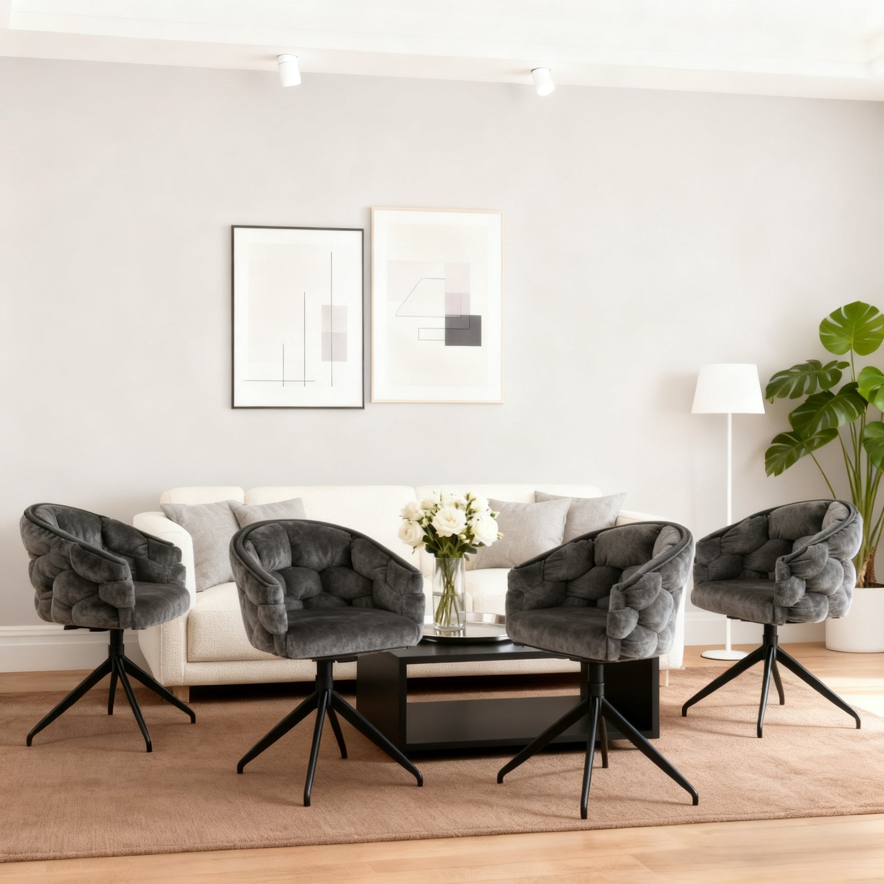 2 moderne Esstühle drehen in beige Stoff mit Armlehnen - Kalb