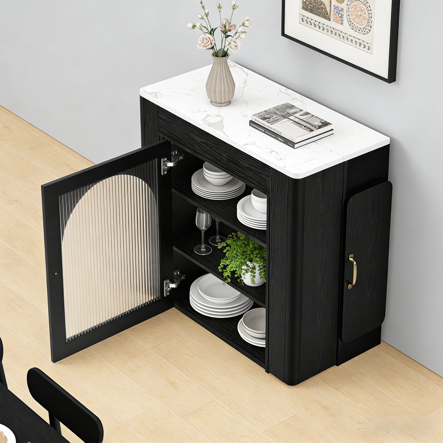 Extensible dining table 140/180x80x75 cm with MDF tray white marble effect and black metal feet