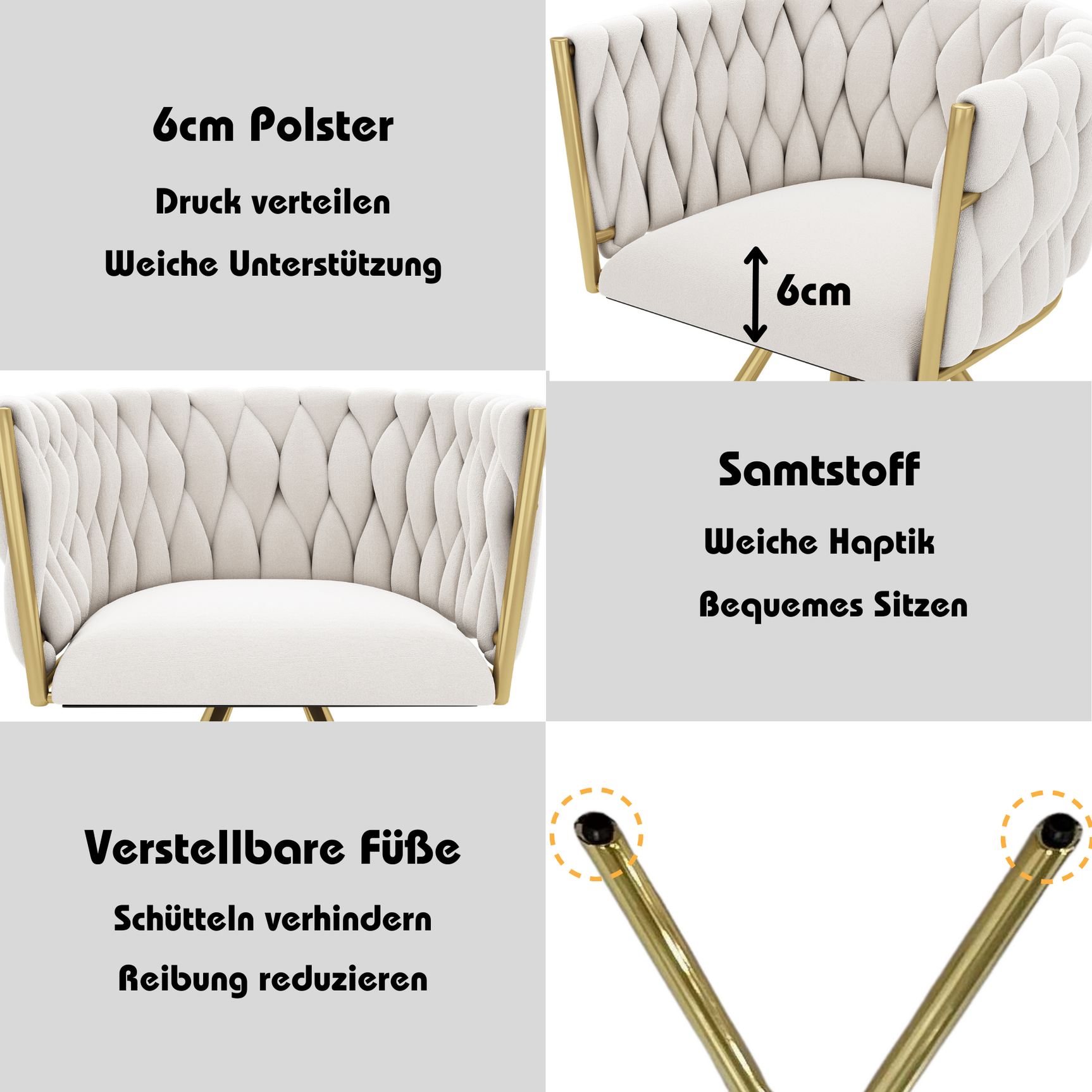 Lot de 4 chaises pivotantes de salle à manger en velours beige avec pieds en métal doré