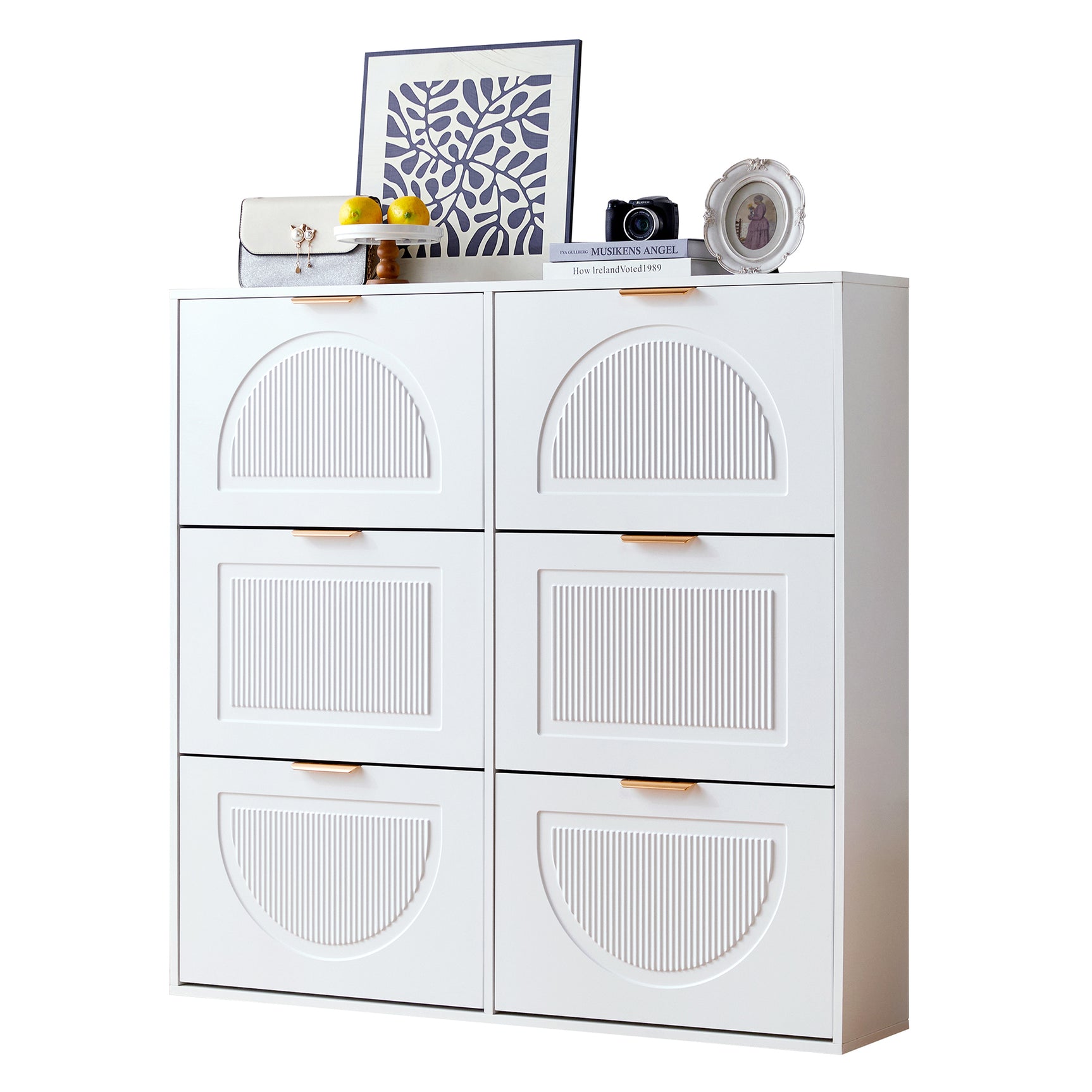 Meuble à chaussures moderne avec 6 abattants et étagères ouvertes, blanc â€?L118 x H115 x P25 cm