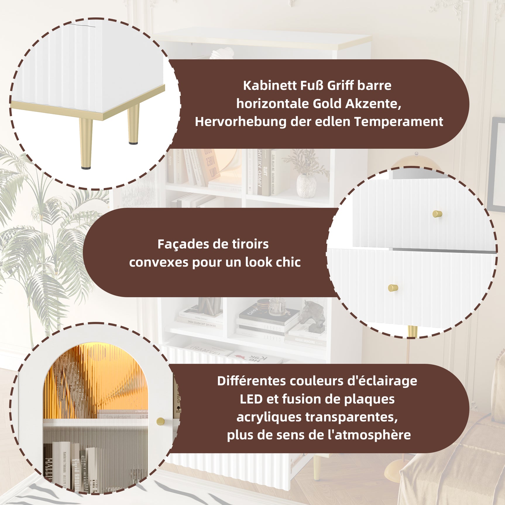 White multifunctional library with LEDs and glass doors - 78 × 36 × 180 cm