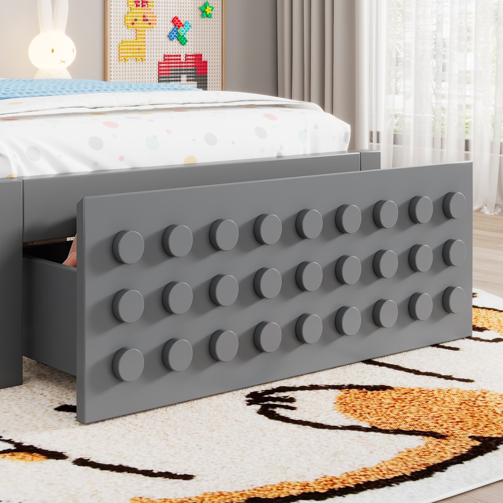 Lit enfant gris 90x200 cm avec tiroir de rangement et design créatif en blocs, cadre en bois massif