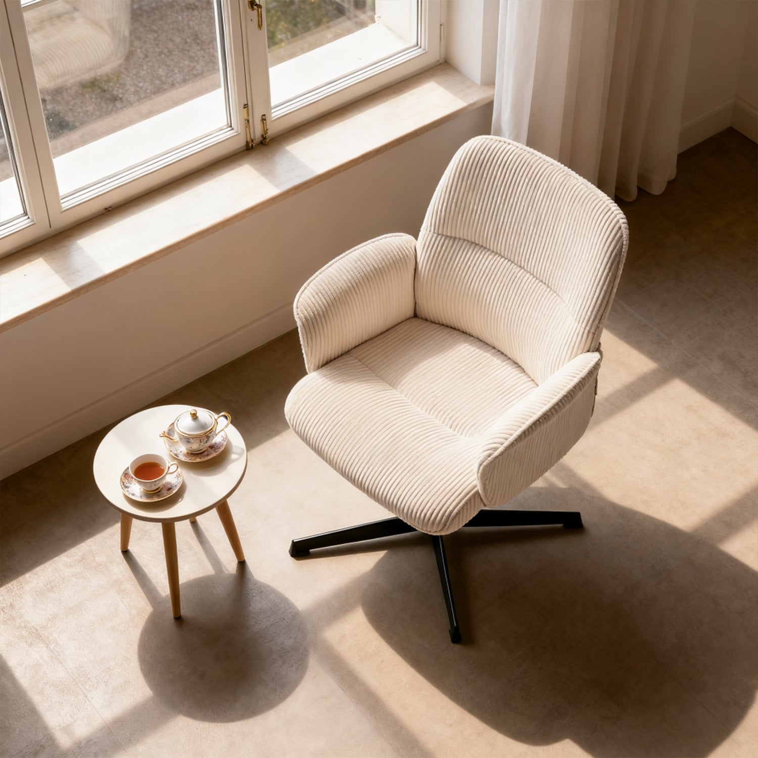 Fauteuil de bureau ergonomique pivotant et réglable avec accoudoirs en velours côtelé beige - THOMASINA