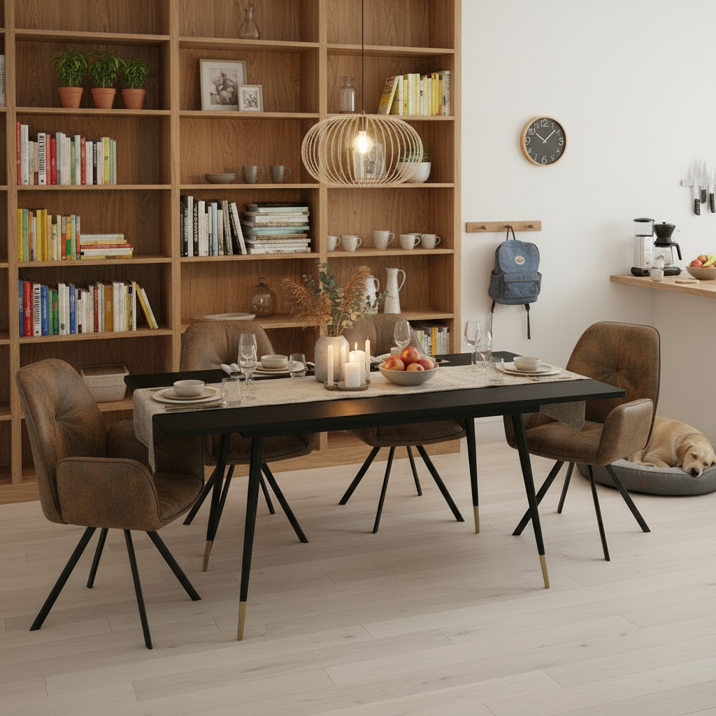 Round Table Table Table Table Timber Ø80 cm with 4 black velvet chairs, modern and comfortable style