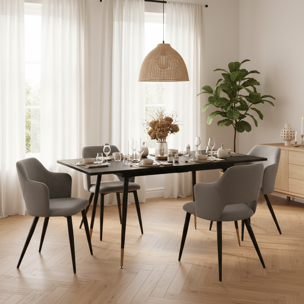 Round Table Table Table Table Timber Ø80 cm with 4 black velvet chairs, modern and comfortable style