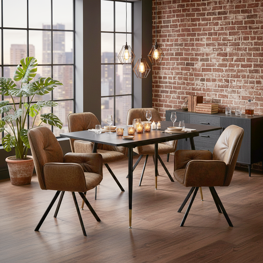 Round Table Table Table Table Timber Ø80 cm with 4 black velvet chairs, modern and comfortable style