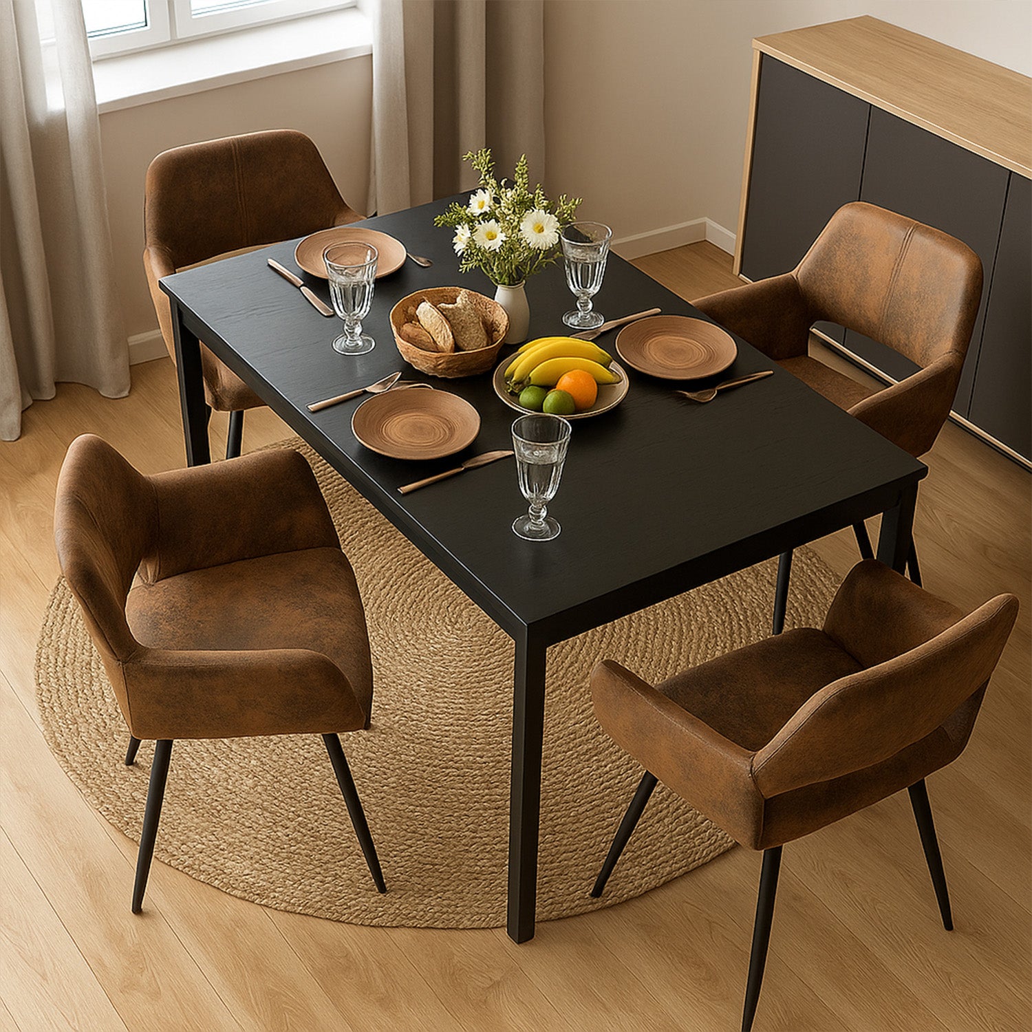 Round Table Table Table Table Timber Ø80 cm with 4 black velvet chairs, modern and comfortable style