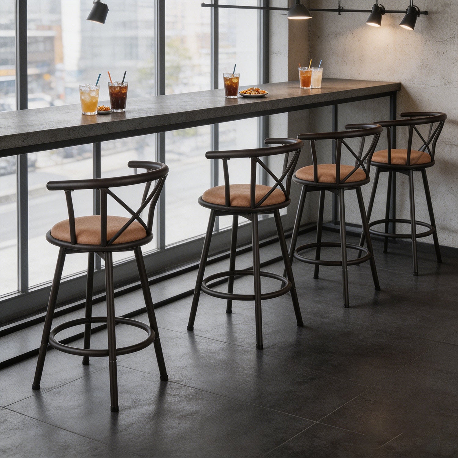 Lot de 4 tabourets de bar industriels pivotants avec dossier en tissu marron - HAILEY 24
