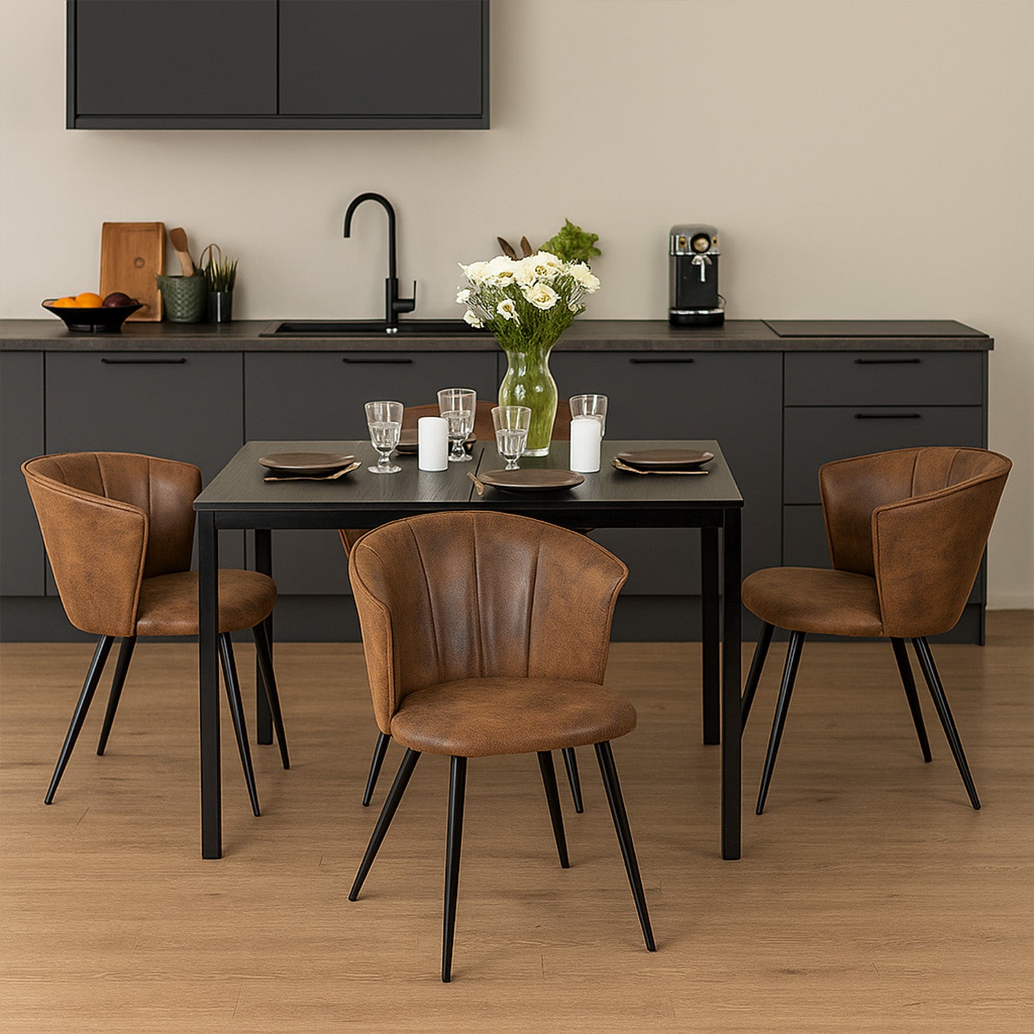 Round Table Table Table Table Timber Ø80 cm with 4 black velvet chairs, modern and comfortable style
