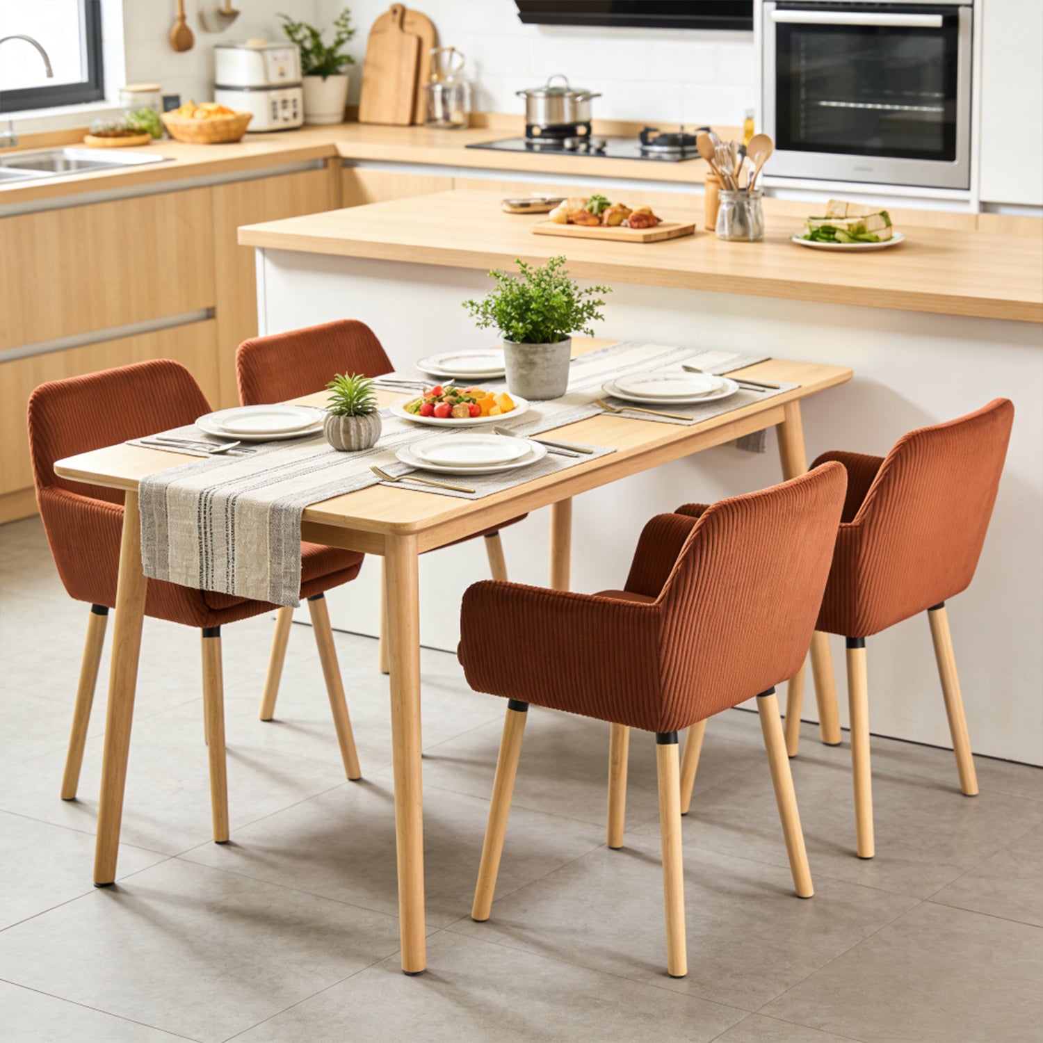 Lot de 4 chaises de salle à manger de style scandinave avec pieds en bois et accoudoirs en velours côtelé rouge - ELIA