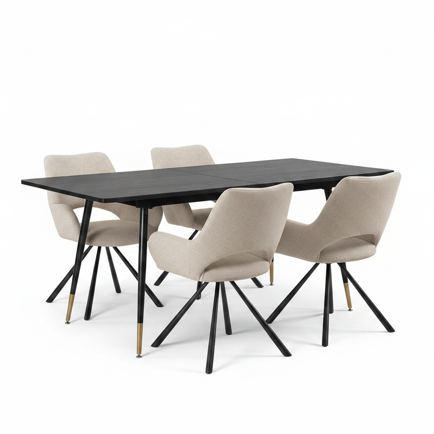 Runder Tisch in Walnussoptik Ø80 cm mit 4 schwarzen Samtstühlen, moderner und komfortabler Stil
