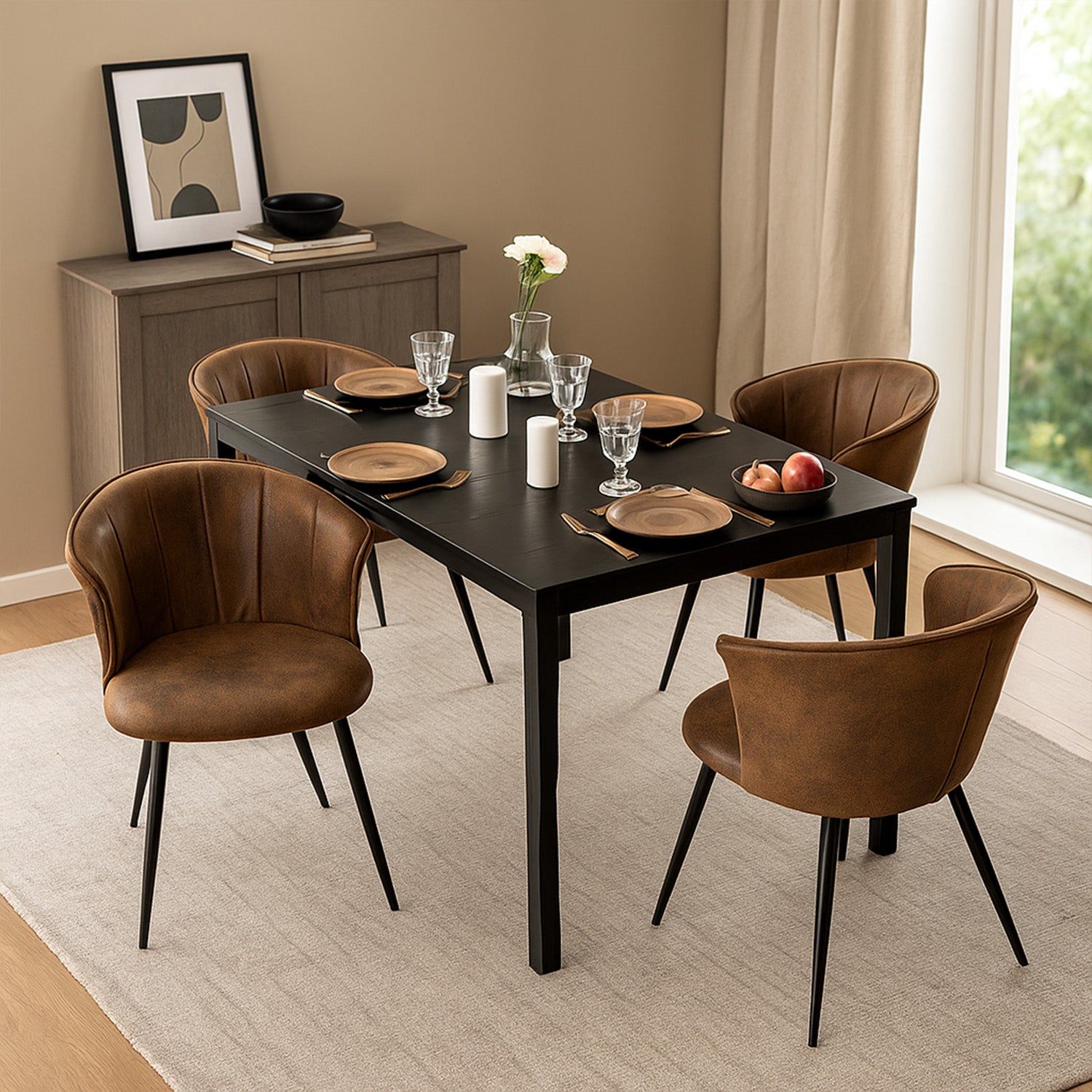 Round Table Table Table Table Timber Ø80 cm with 4 black velvet chairs, modern and comfortable style