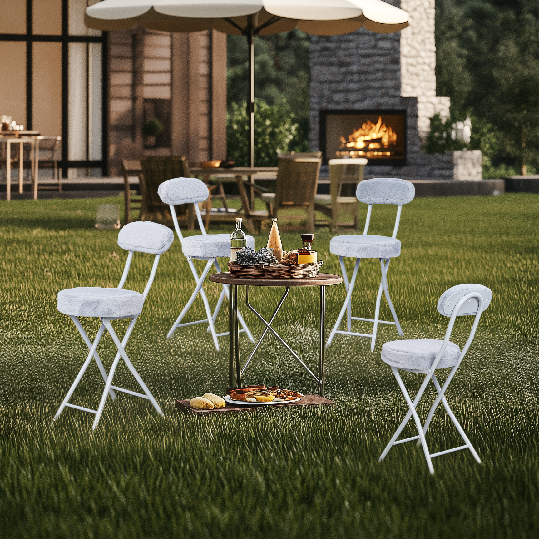 Set von 4 Klappstühlen/Stühlen, runder Sitz im Stoff Fellfell Grau - Ernst