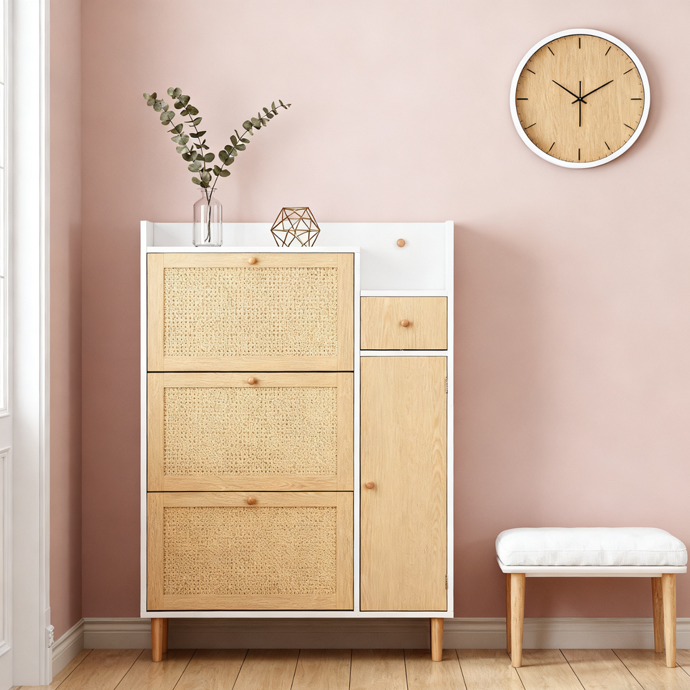 Meuble à chaussures en bois et rotin 90x17x125 cm avec 3 portes basculantes, 1 tiroir et pieds en bois massif, idéal pour entrée étroite et petits espaces