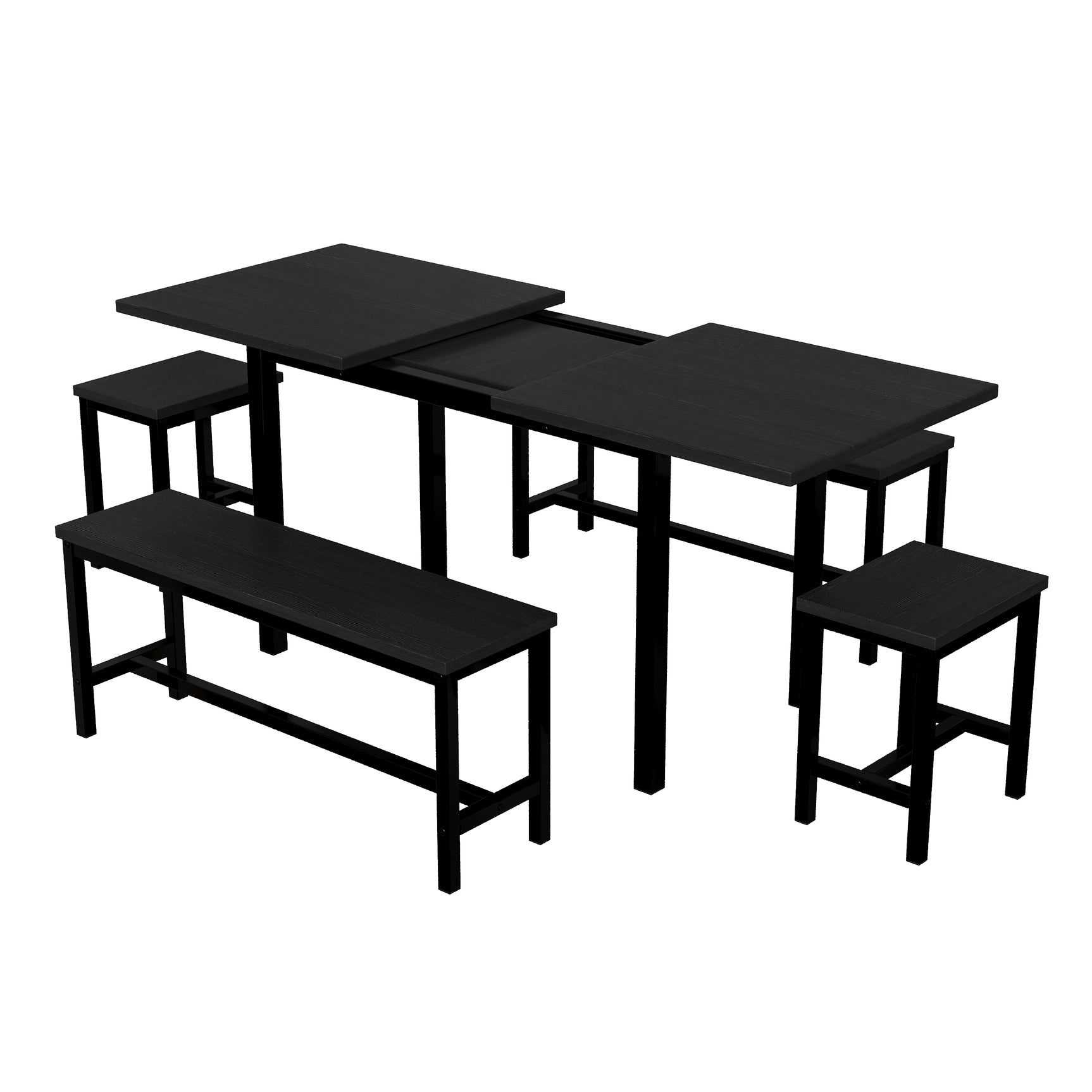 Ensemble de table de salle à manger extensible pliante 120–160 cm avec 4 chaises en métal noir, design moderne et pratique pour accueillir jusqu’à 6 personnes