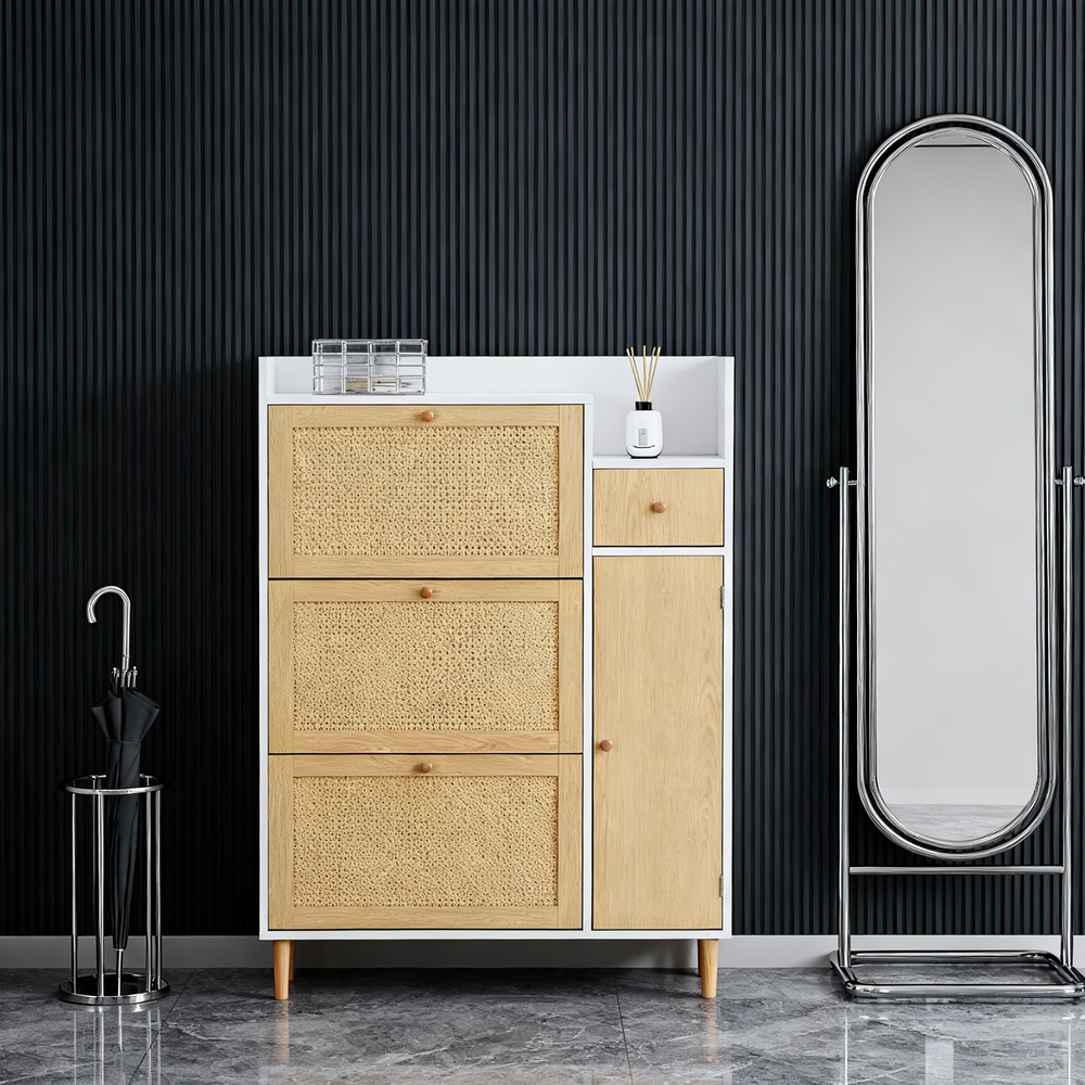 Meuble à chaussures en bois et rotin 90x17x125 cm avec 3 portes basculantes, 1 tiroir et pieds en bois massif, idéal pour entrée étroite et petits espaces