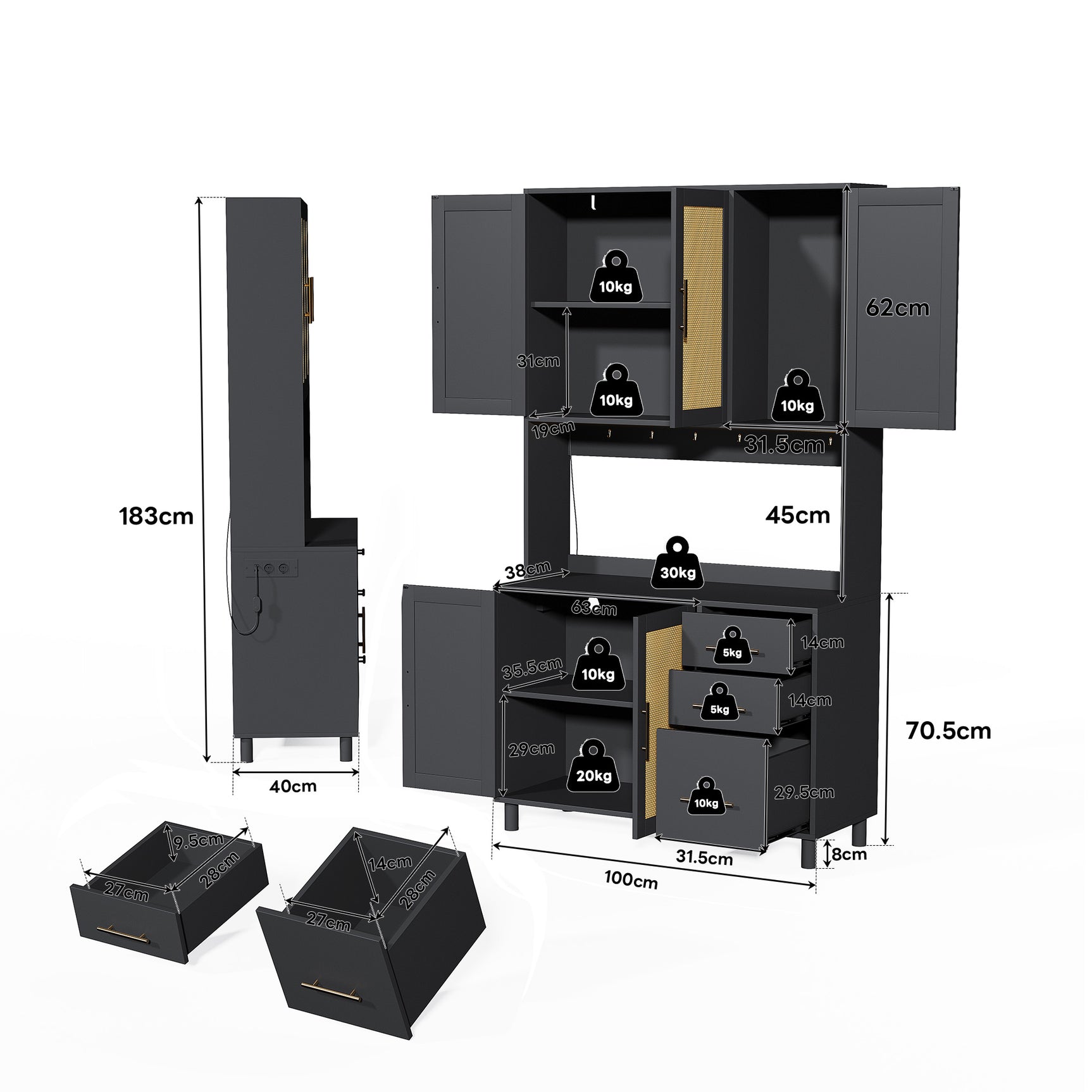 183 cm Küchenbuffet mit LED -Beleuchtung, gesteuert von Anwendung, 2 USB -Häfen, 2 Sockeln, 3 Schubladen, verstellbaren Regalen und goldenen Griffen - ideal für Küchen- und Esszimmer