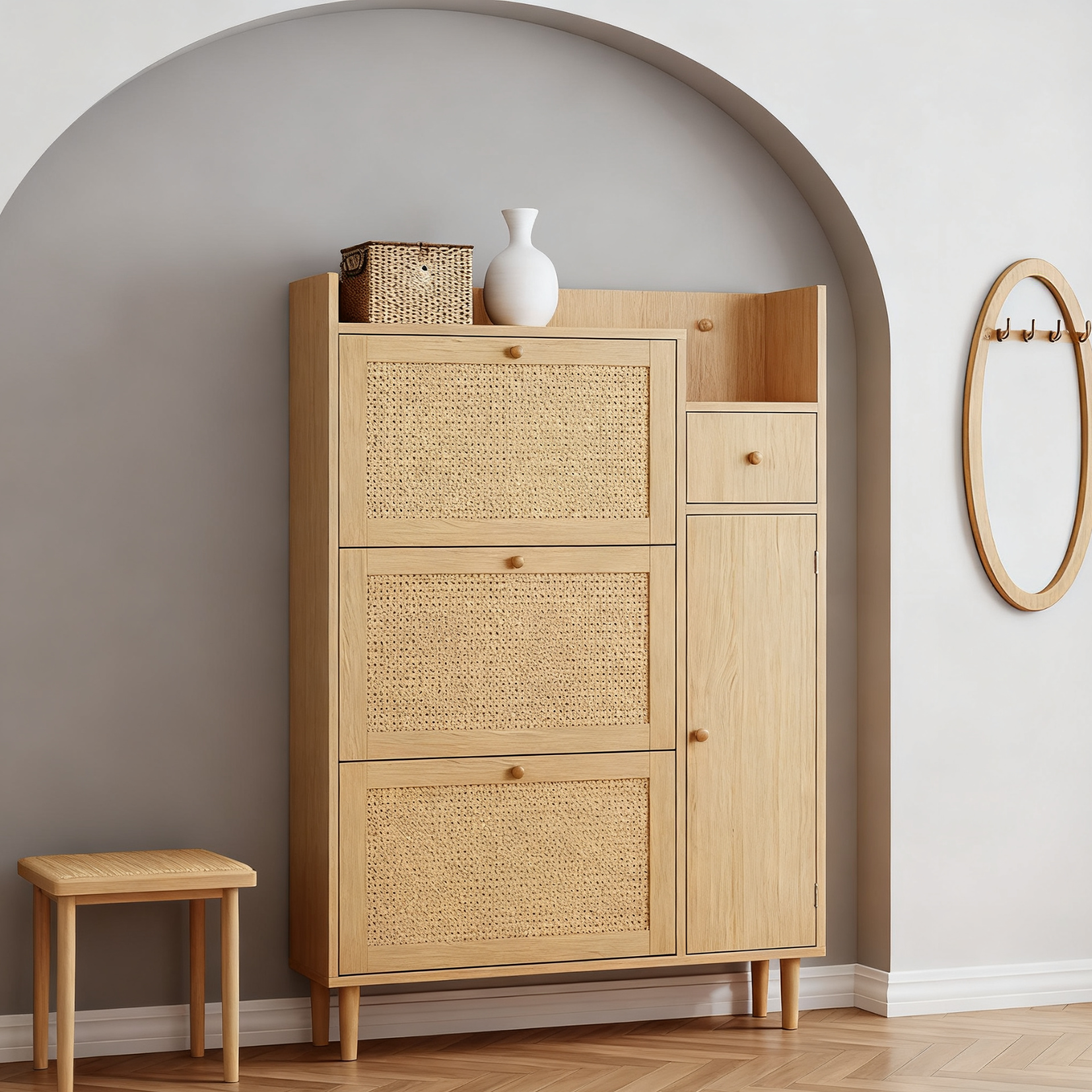 Meuble à chaussures en bois et rotin naturel 90x17x125 cm avec 3 portes basculantes, 1 tiroir et pieds en bois massif, idéal pour entrée étroite et petits espaces