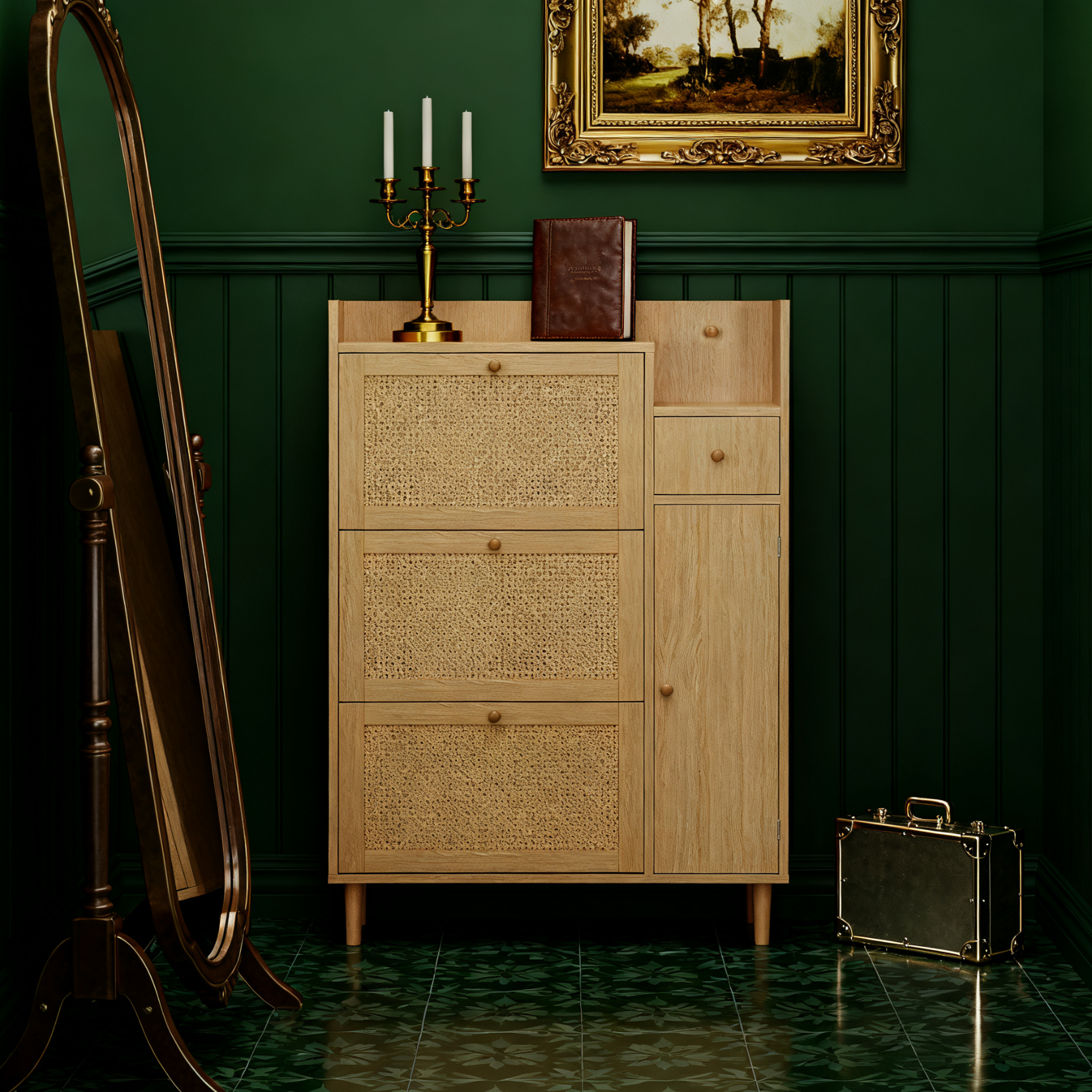 Meuble à chaussures en bois et rotin naturel 90x17x125 cm avec 3 portes basculantes, 1 tiroir et pieds en bois massif, idéal pour entrée étroite et petits espaces