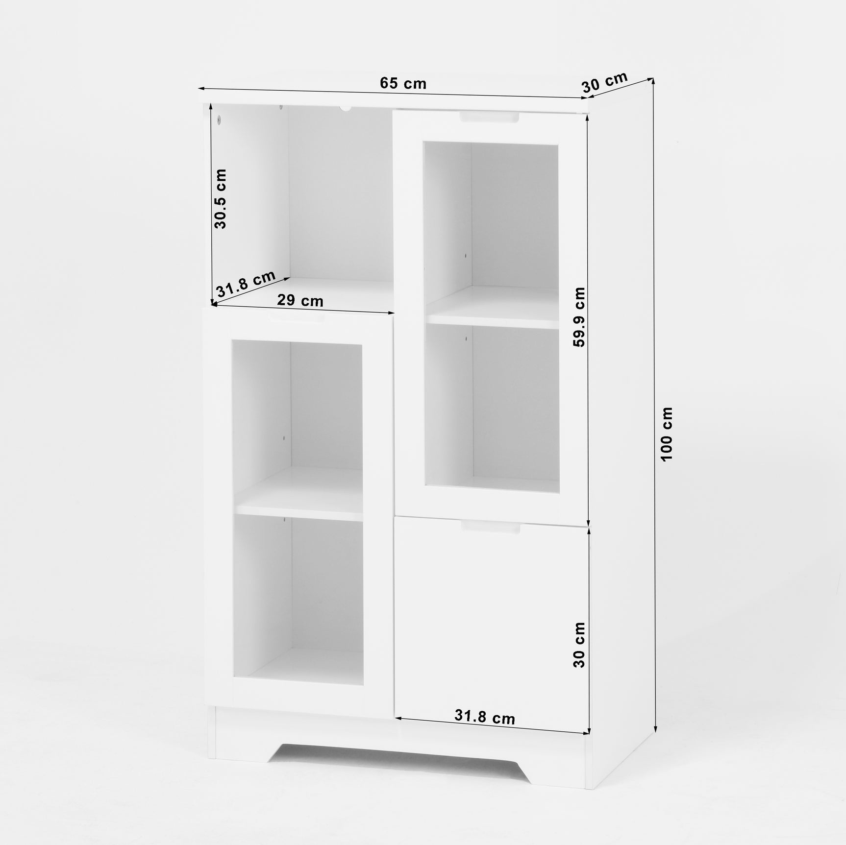 Buffet en MDF laqué blanc 65x30x100 cm avec portes vitrées, tiroir et espaces de rangement ouverts, idéal pour salon, chambre ou entrée