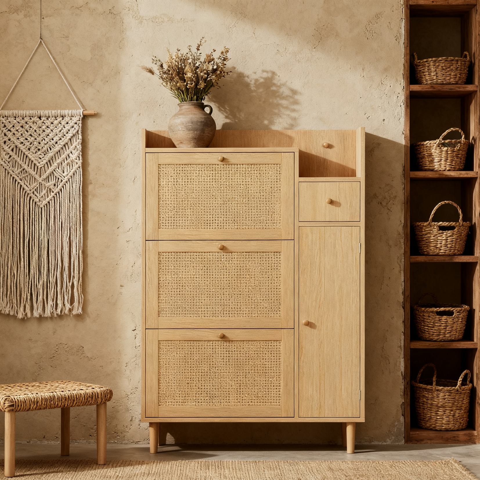 Meuble à chaussures en bois et rotin naturel 90x17x125 cm avec 3 portes basculantes, 1 tiroir et pieds en bois massif, idéal pour entrée étroite et petits espaces