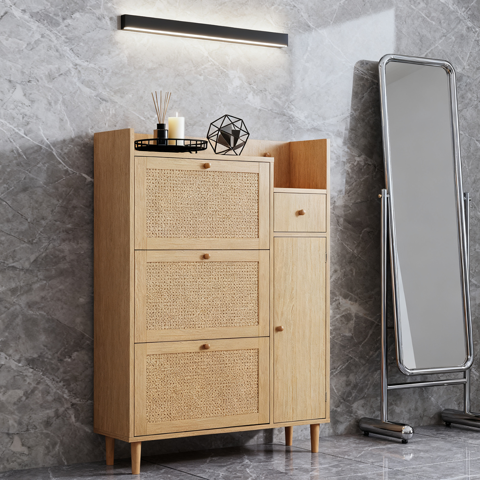 Meuble à chaussures en bois et rotin naturel 90x17x125 cm avec 3 portes basculantes, 1 tiroir et pieds en bois massif, idéal pour entrée étroite et petits espaces