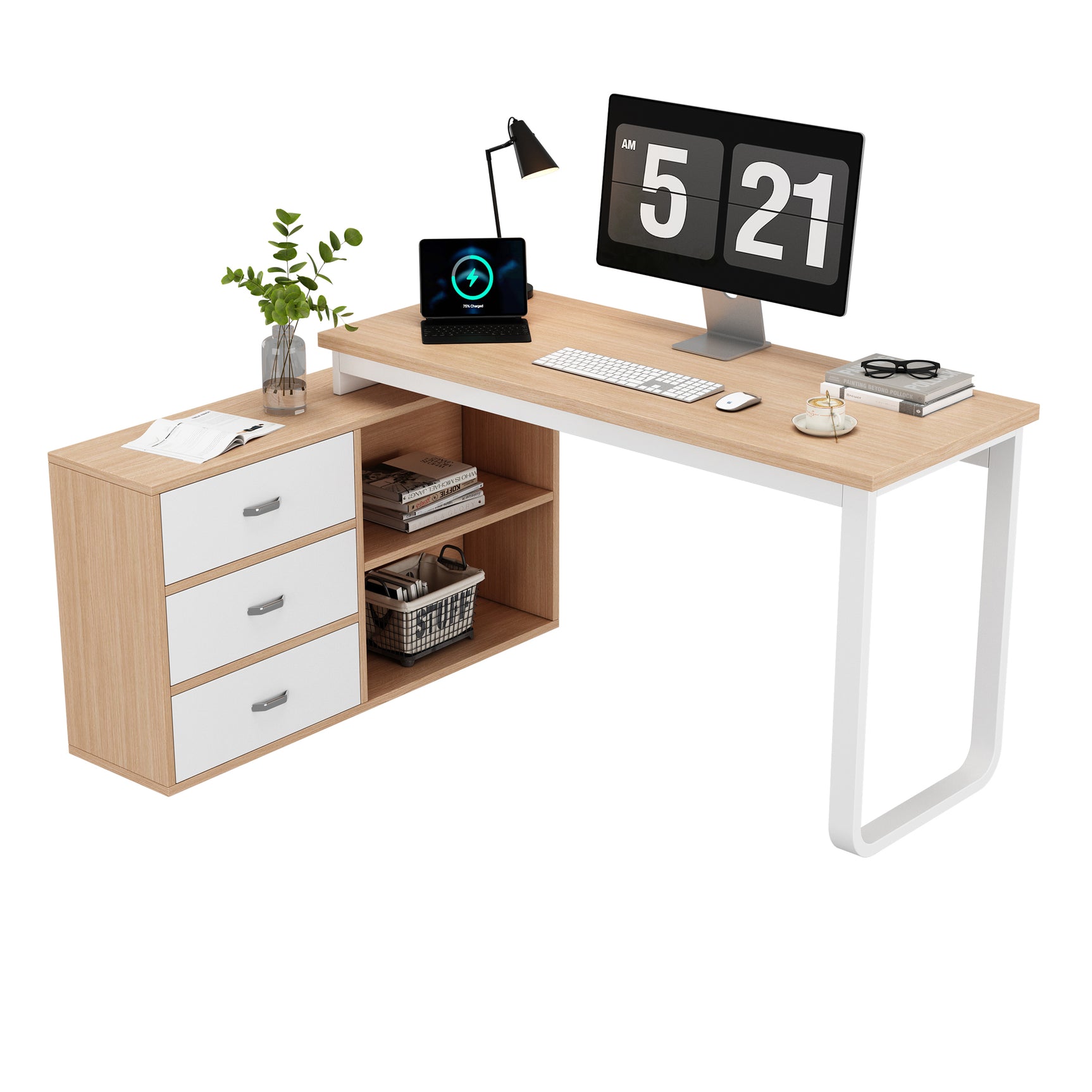 Bureau simple en bois naturel avec 3 tiroirs et 2 niches ouvertes – 147×100×75,3 cm
