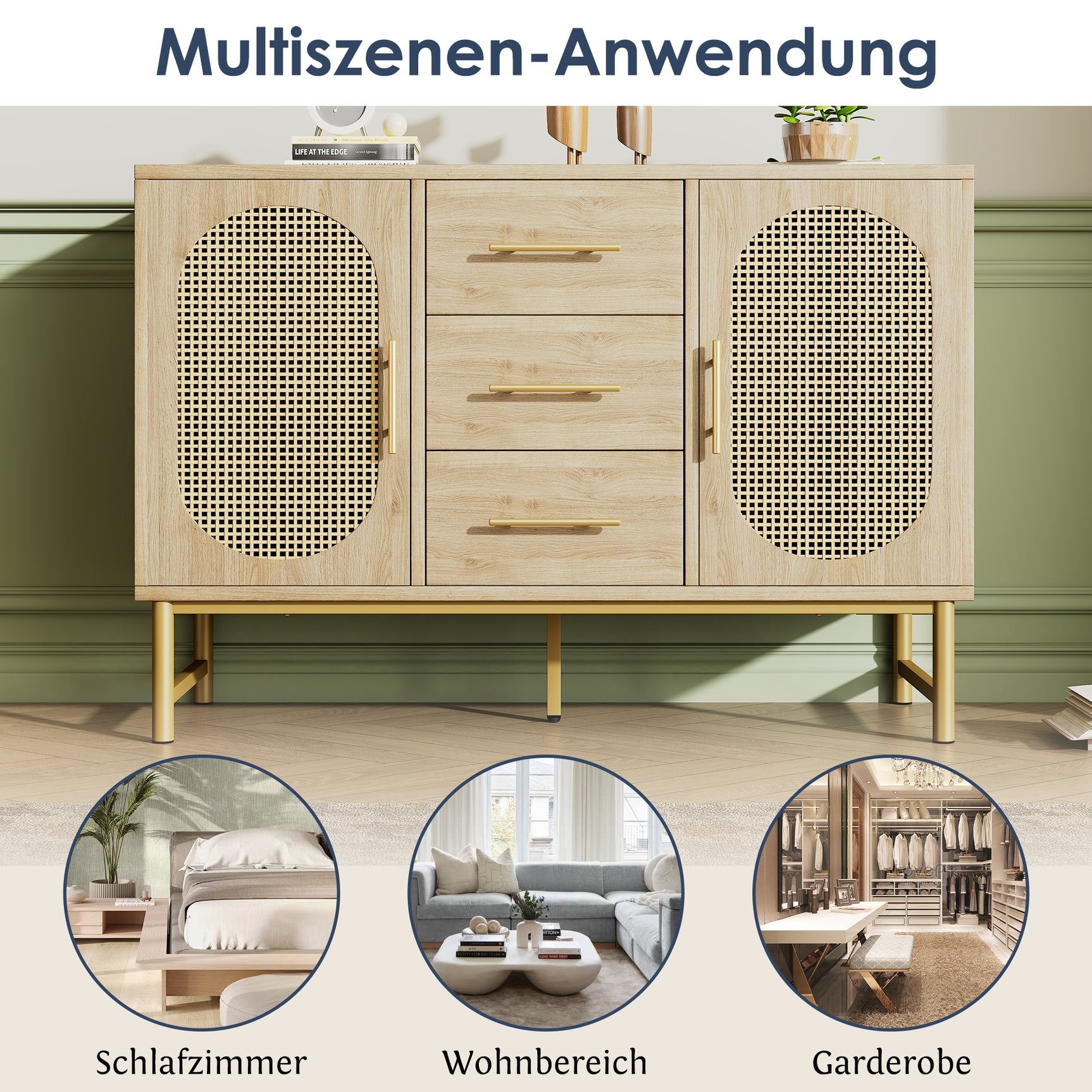 Eichen-Caning-Buffet mit 3 Schubladen, 2 Türen, einstellbaren Regalen und Anti-Breeching-Geräte-120 × 40 × 74 cm