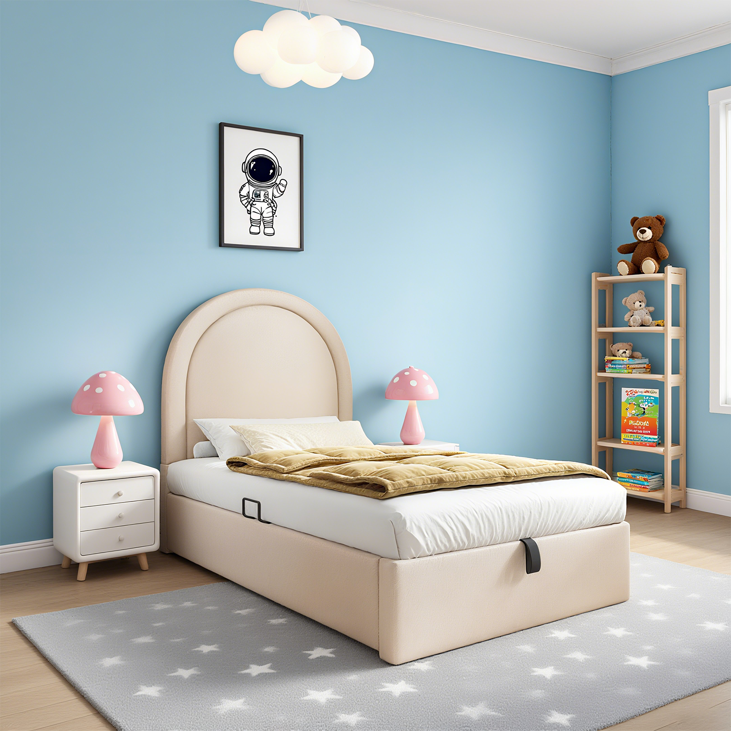 Kinderbett 90×200 cm gepolstert (ohne Matratze) in beigem PU mit gewölbtem Kopfteil