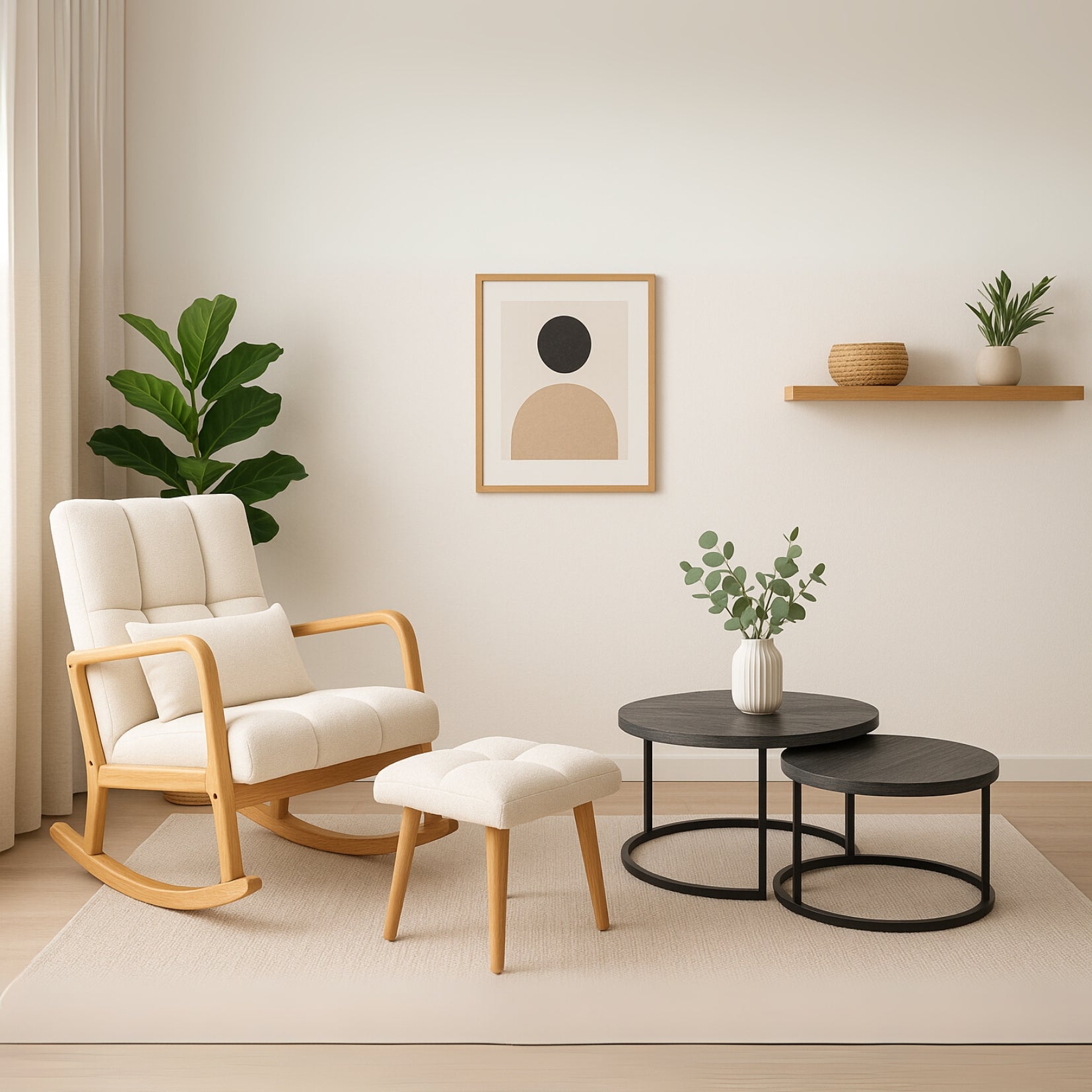 Lot de 2 tables basses rondes empilables avec plateau effet bois et structure en métal noir