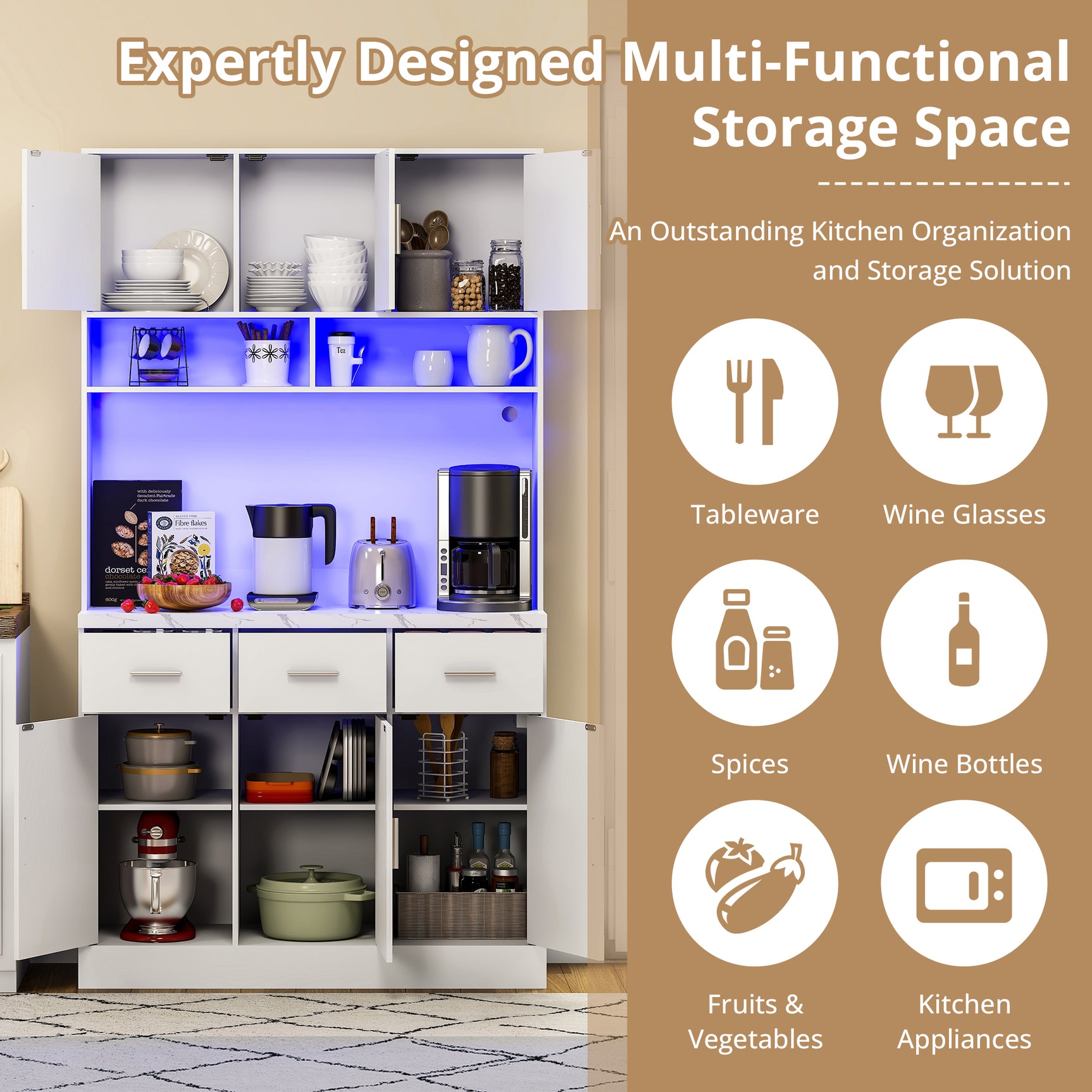 100x40x180 cm Multifunktions -Küchenbuffet in weißem MDF mit Fernbedienungs -LEDs, elektrischen Steckdosen, USB -Anschlüssen, Schubladen und einstellbaren Regalen