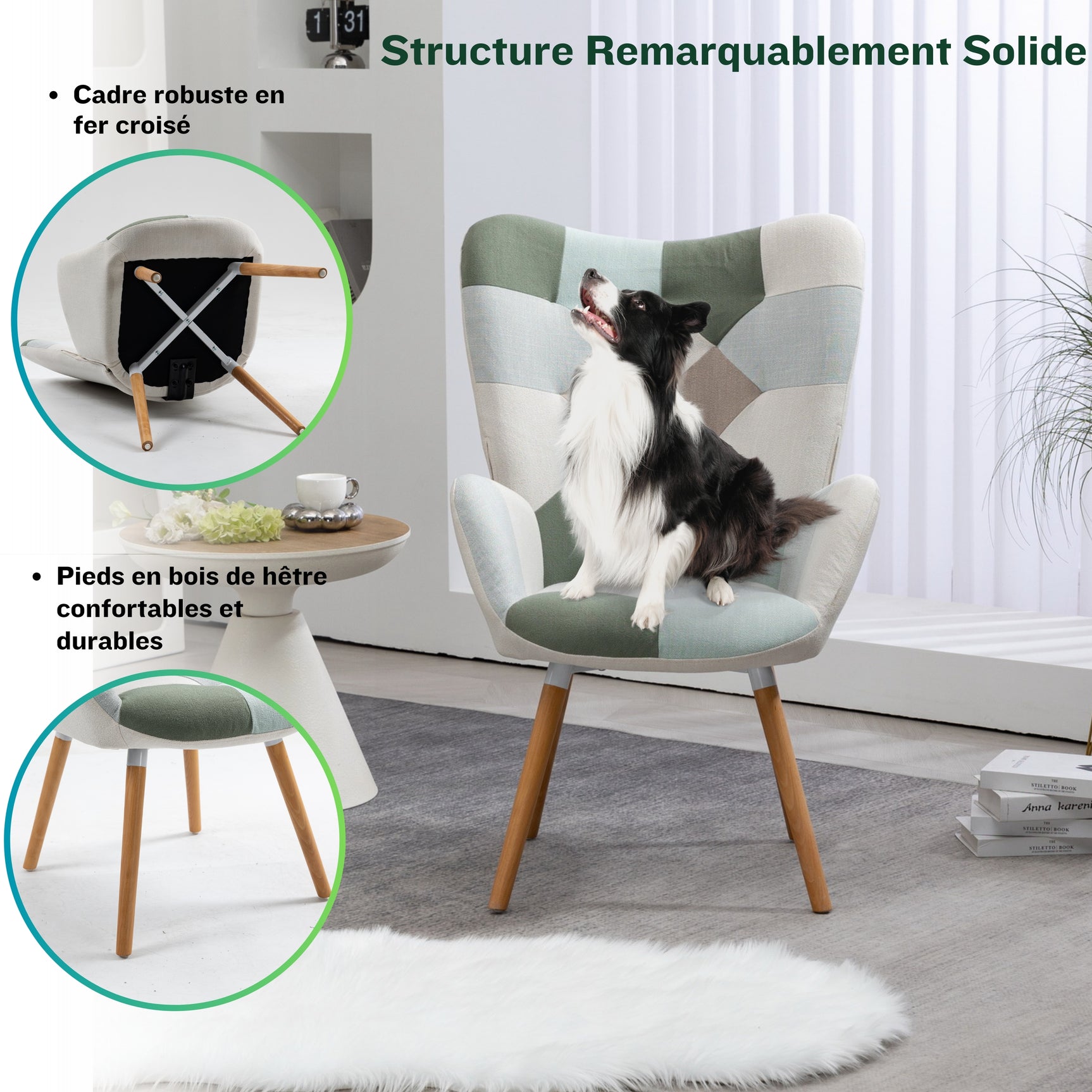 Fauteuil scandinave avec accoudoirs en tissu patchwork aqua à surpiqûres - FUNKEL