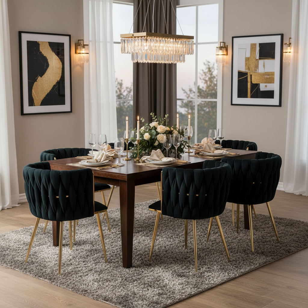 Lot de 2 Chaises en Velours Luxueuses Chaises à Dos Tressé avec Pieds Métal Doré pour Salon Chambre à Coucher Salle à Manger, Noir