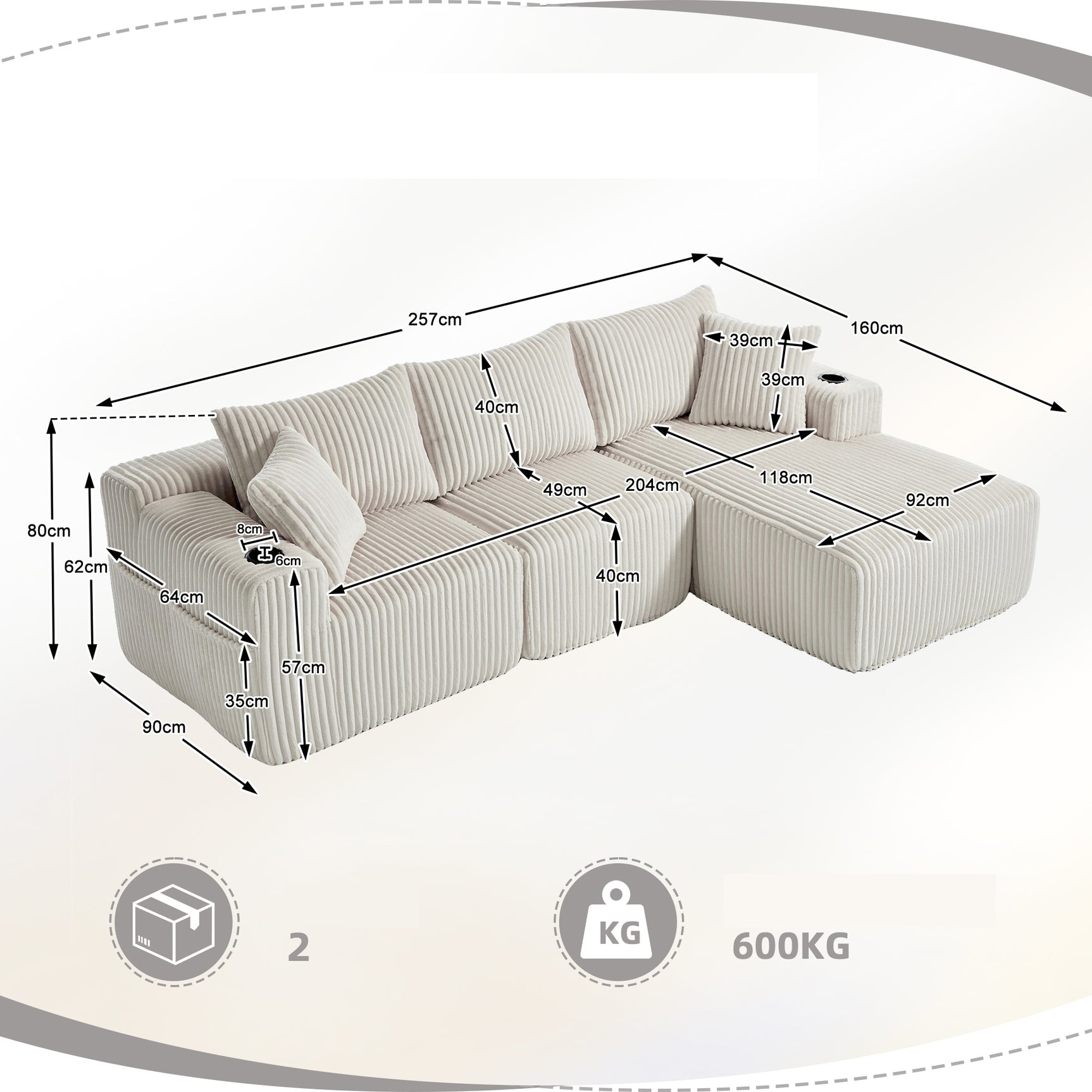 2-seater sofa bed in dark gray fabric with side pockets, modern convertible sofa