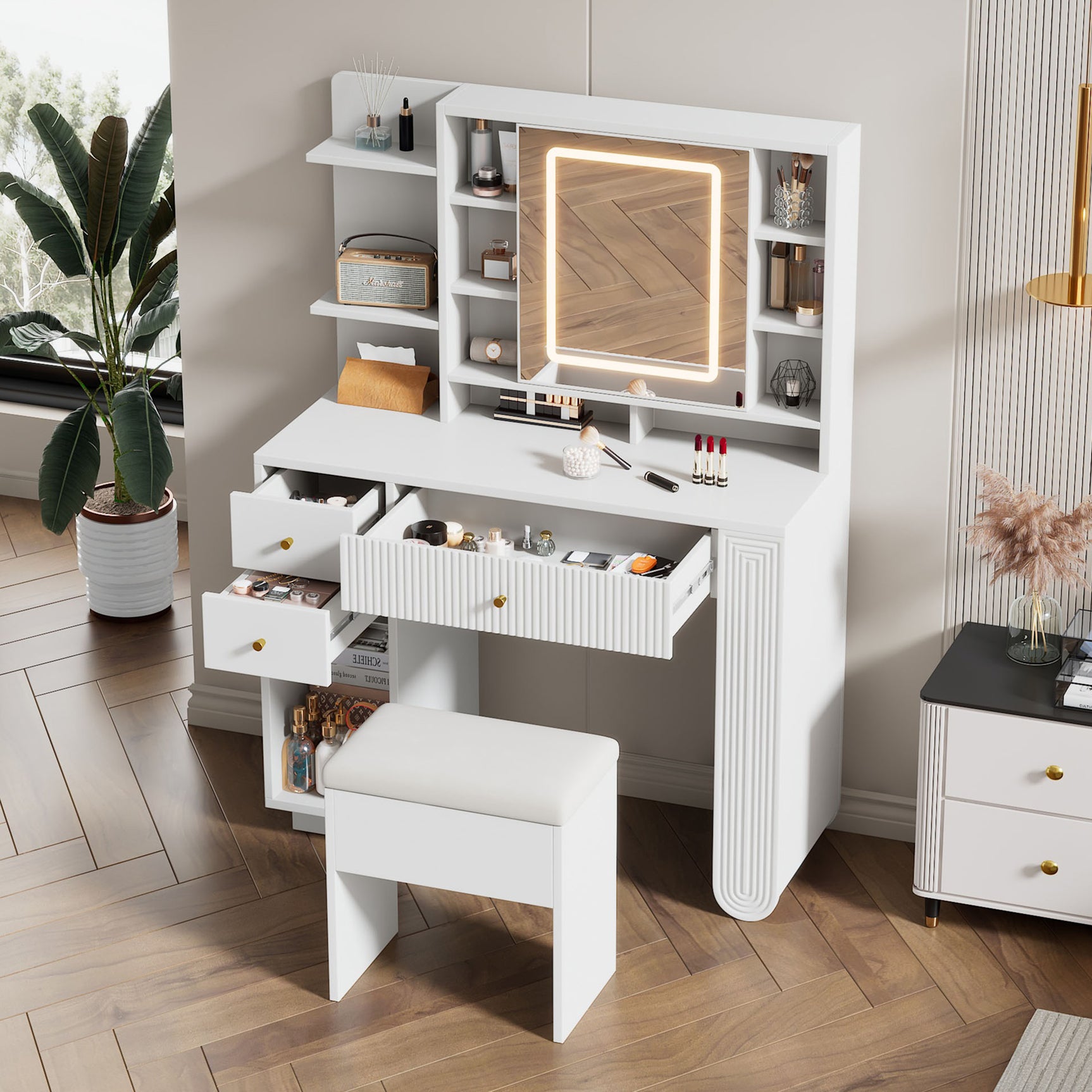 Coiffeuse moderne avec miroir éclairé & tabouret – Table de maquillage avec éclairage réglable, tiroirs & rangements ouverts