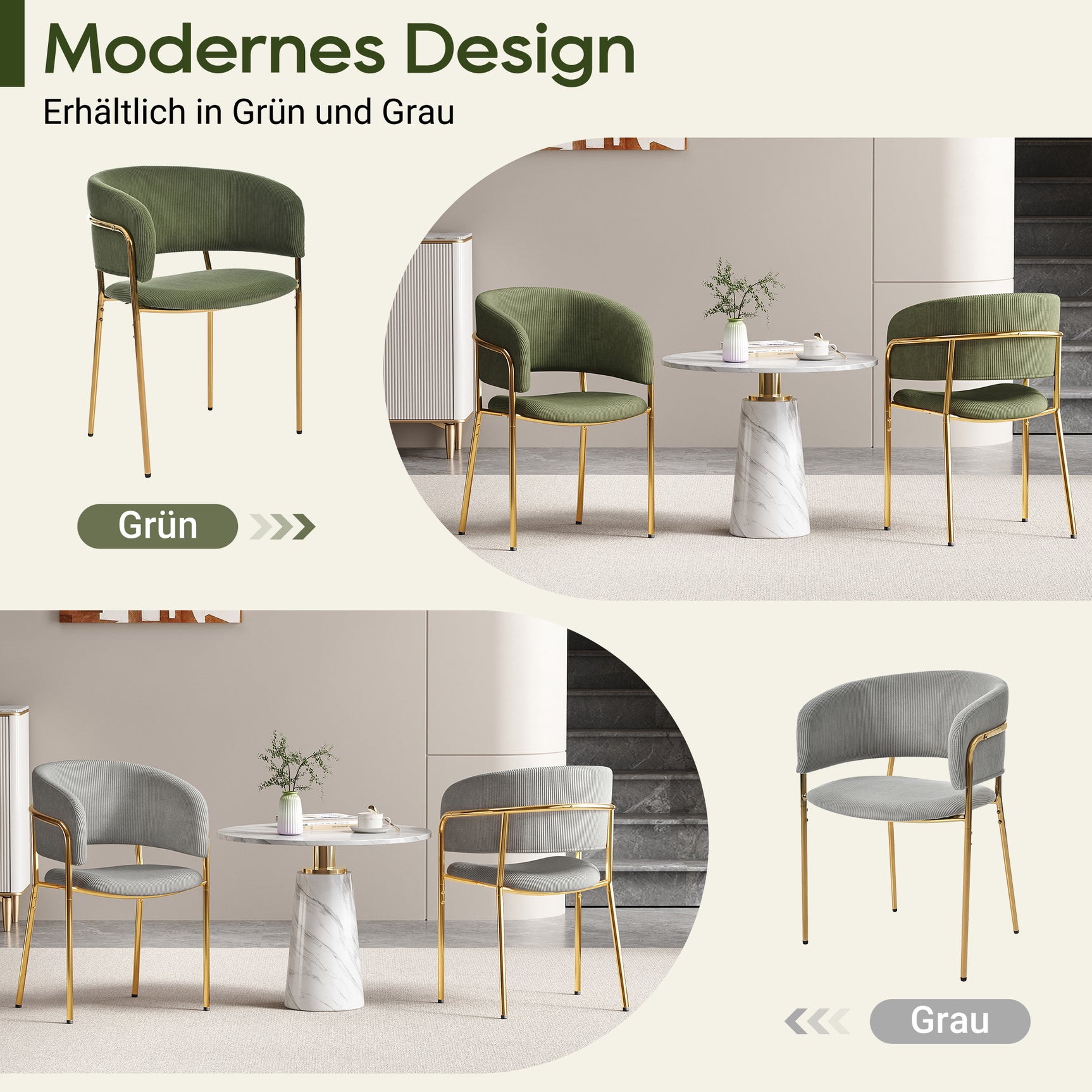 Set von 2 modernen grauen Stühlen mit gehacktem Stoff mit geneigten Holz- und Metallfüßen, ergonomischen Rückenlehnen und verstellbaren Füßen