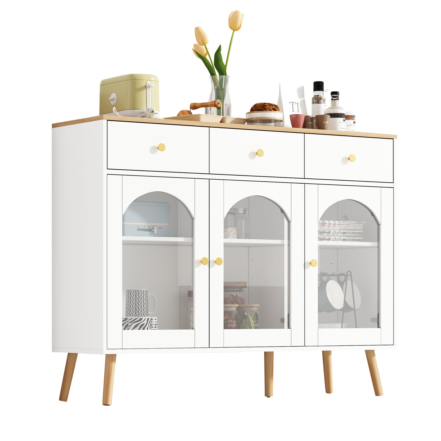 Buffet blanc et bois naturel avec 3 tiroirs et 3 portes cintrées en verre trempé, grand espace de rangement élégant