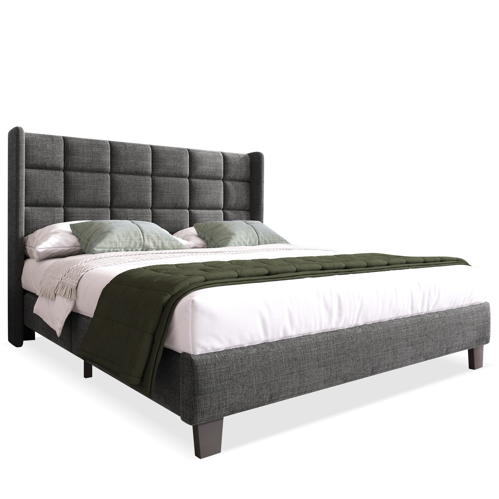 Lit double 140x200 cm en tissu gris avec tête de lit capitonnée et sommier à lattes inclus, design élégant et confortable (matelas non inclus)